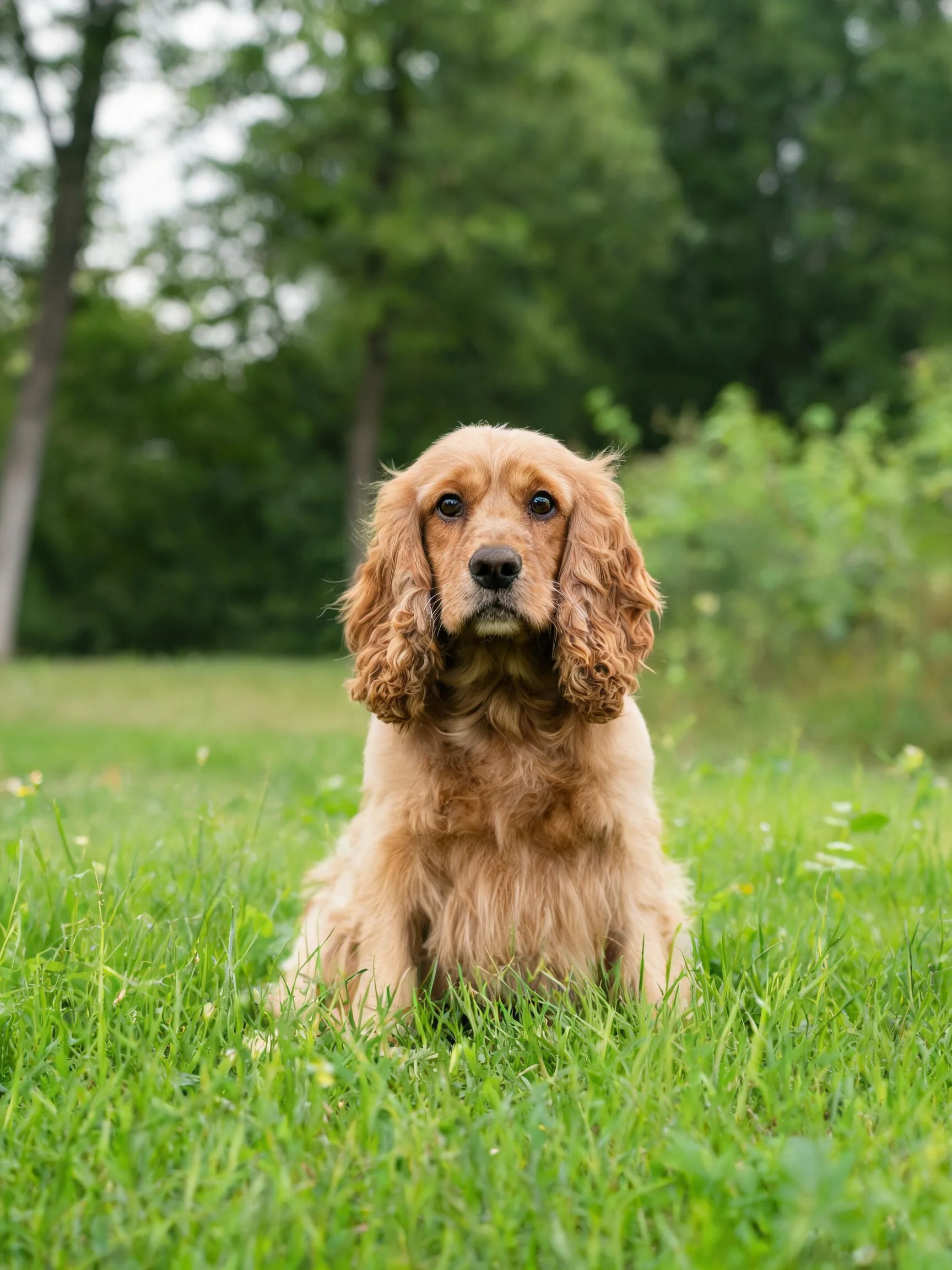 一只英国可卡犬有着金黄色的卷曲毛发,正安静地坐在绿色草地上,周围是茂密的环境。