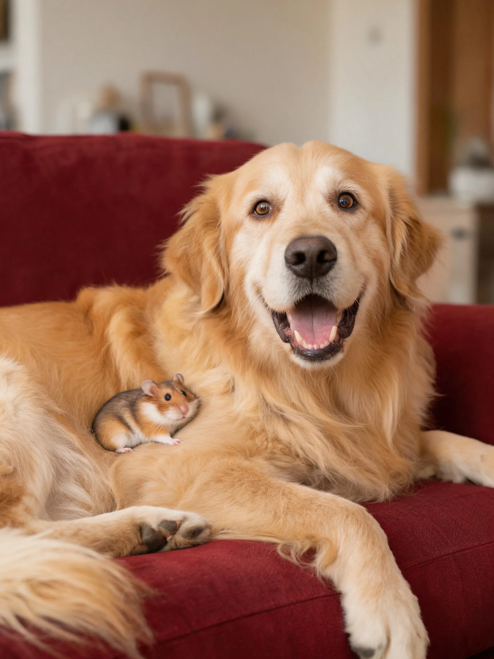 马尔萨什金毛猎犬嘴巴张开,浅金色毛发蓬松贴附在红色沙发上,胸口处的仓鼠安静依偎。