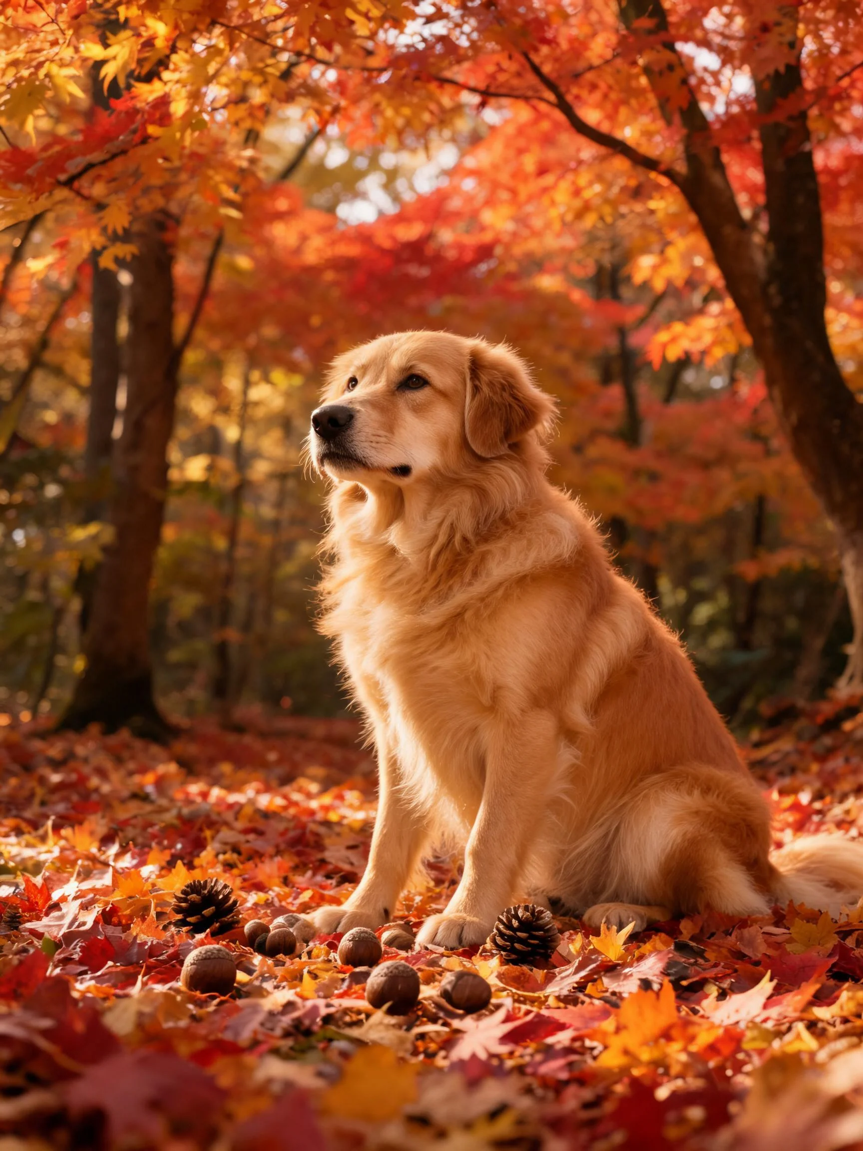 一只金毛寻回犬安静地坐在满是彩色落叶和松果的地面,金黄柔软的毛发在阳光下显得格外蓬松。