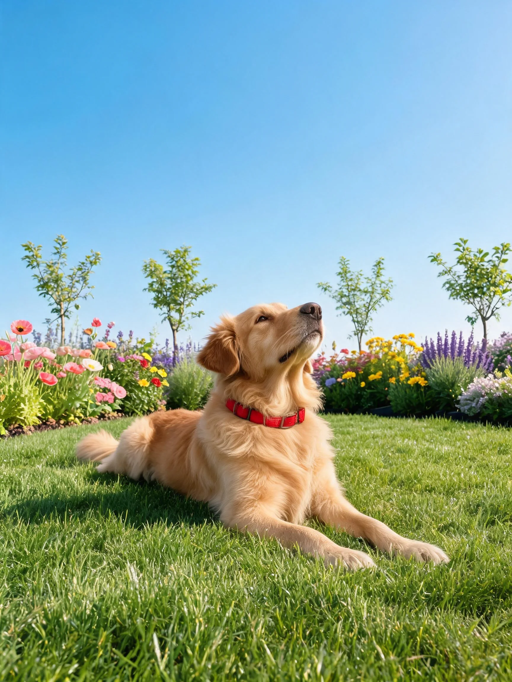 金毛猎犬趴在绿色草坪上,佩戴红色项圈,目光望向远方。