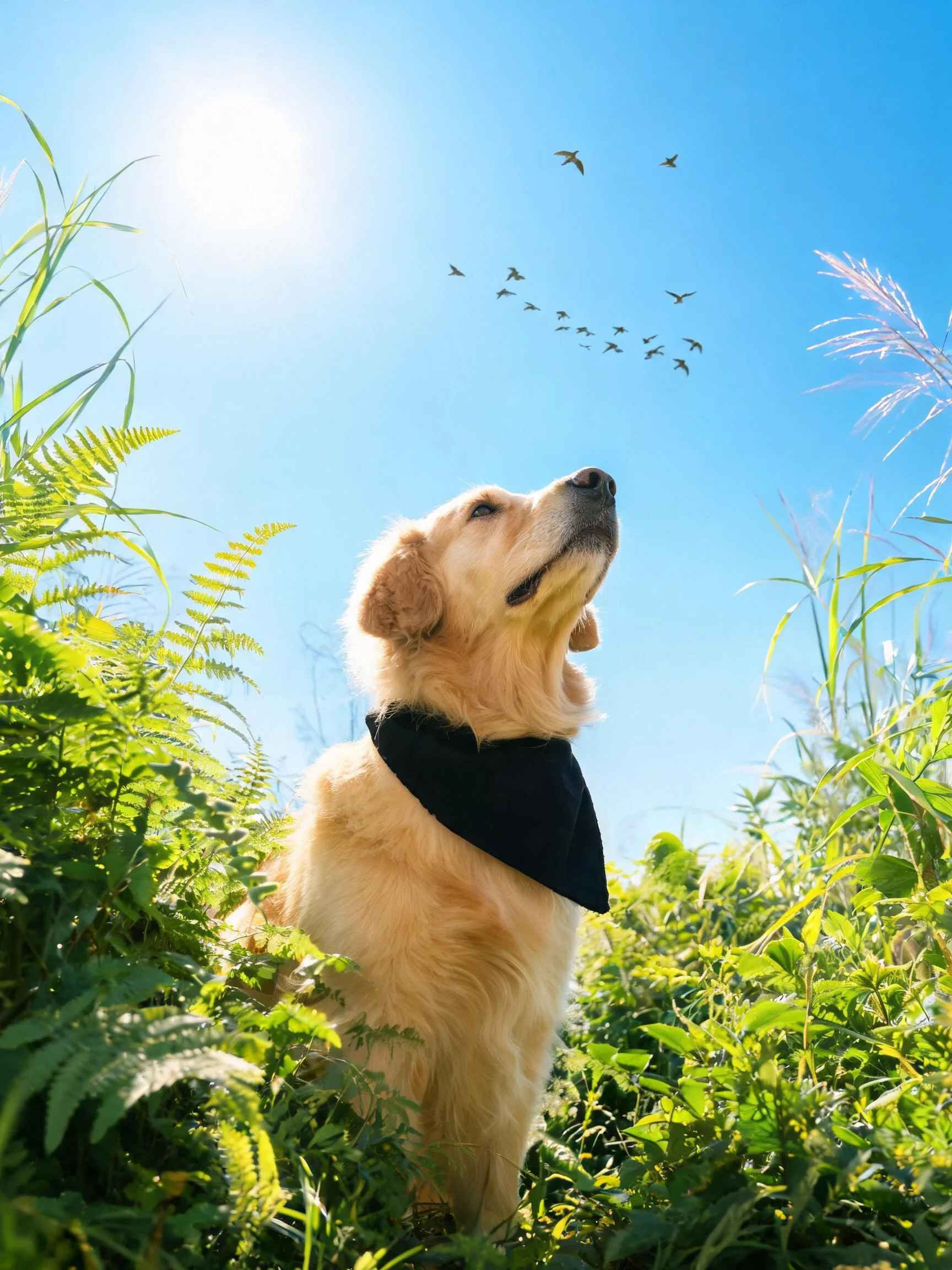 金毛猎犬抬头仰望天空,脖颈处的黑色布巾与浅金黄色毛发形成鲜明对比,周围草叶随风轻动。