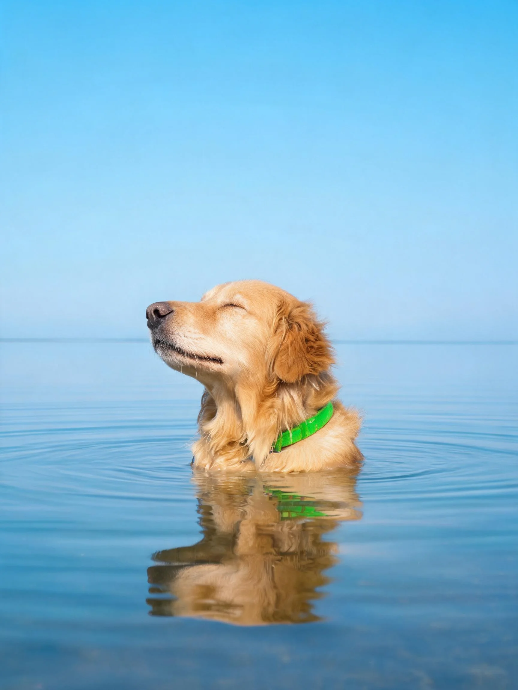 金毛寻回犬戴着绿色项圈在水中游泳,眼睛闭合,毛发湿润贴在脸部周围。