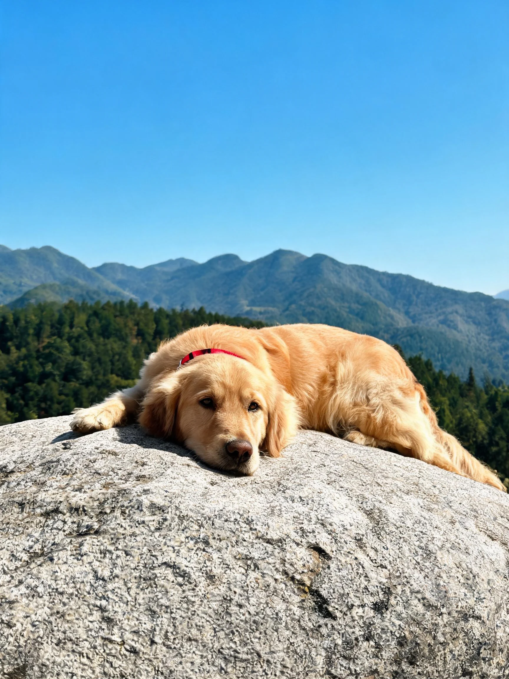 金毛寻回犬将头靠在岩石上，浅金色毛发柔软蓬松，红色项圈清晰可见。