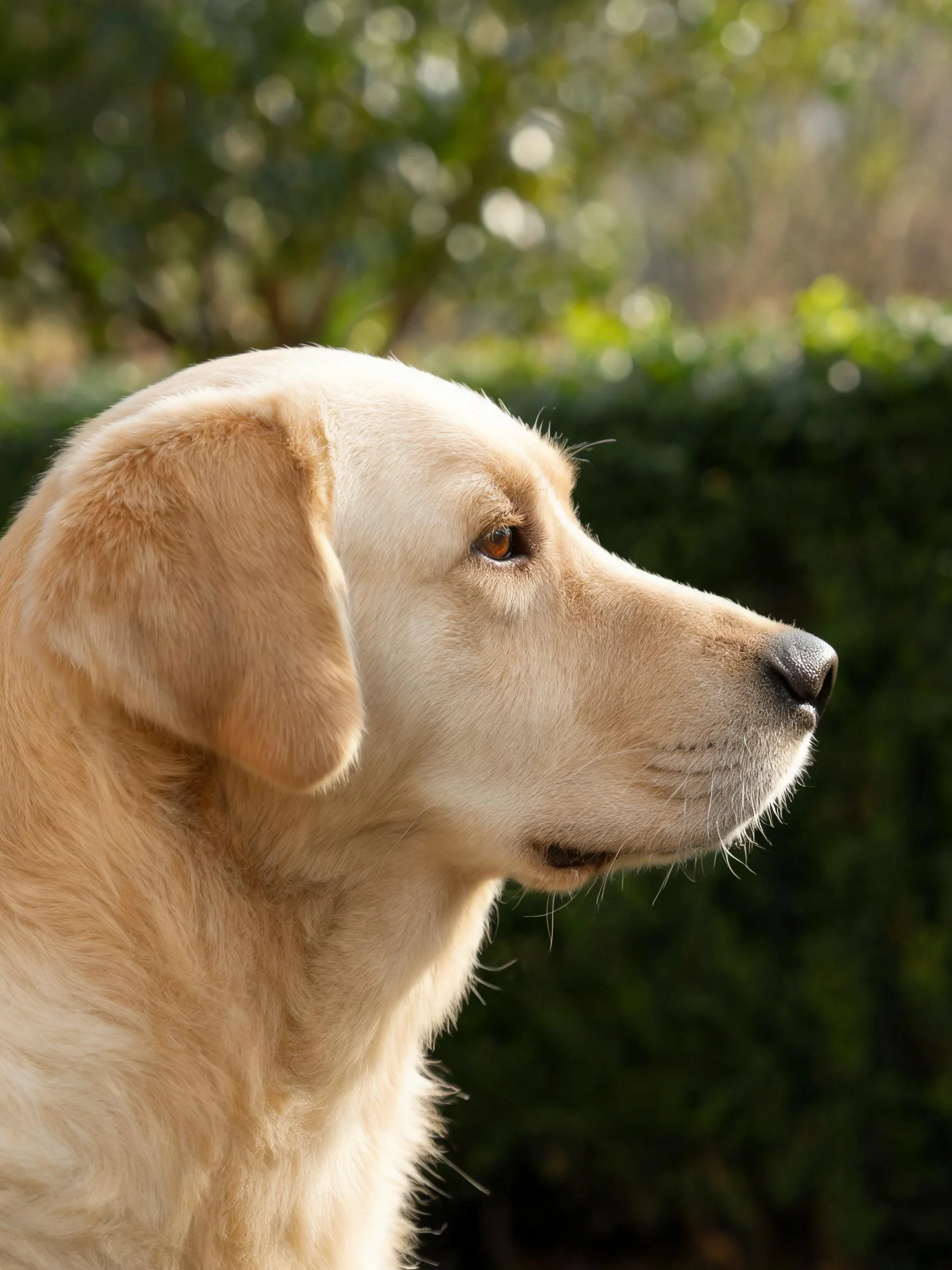 金毛寻回犬,浅棕色毛发顺滑地覆盖在头部,眼睛明亮有神,目光看向远方。