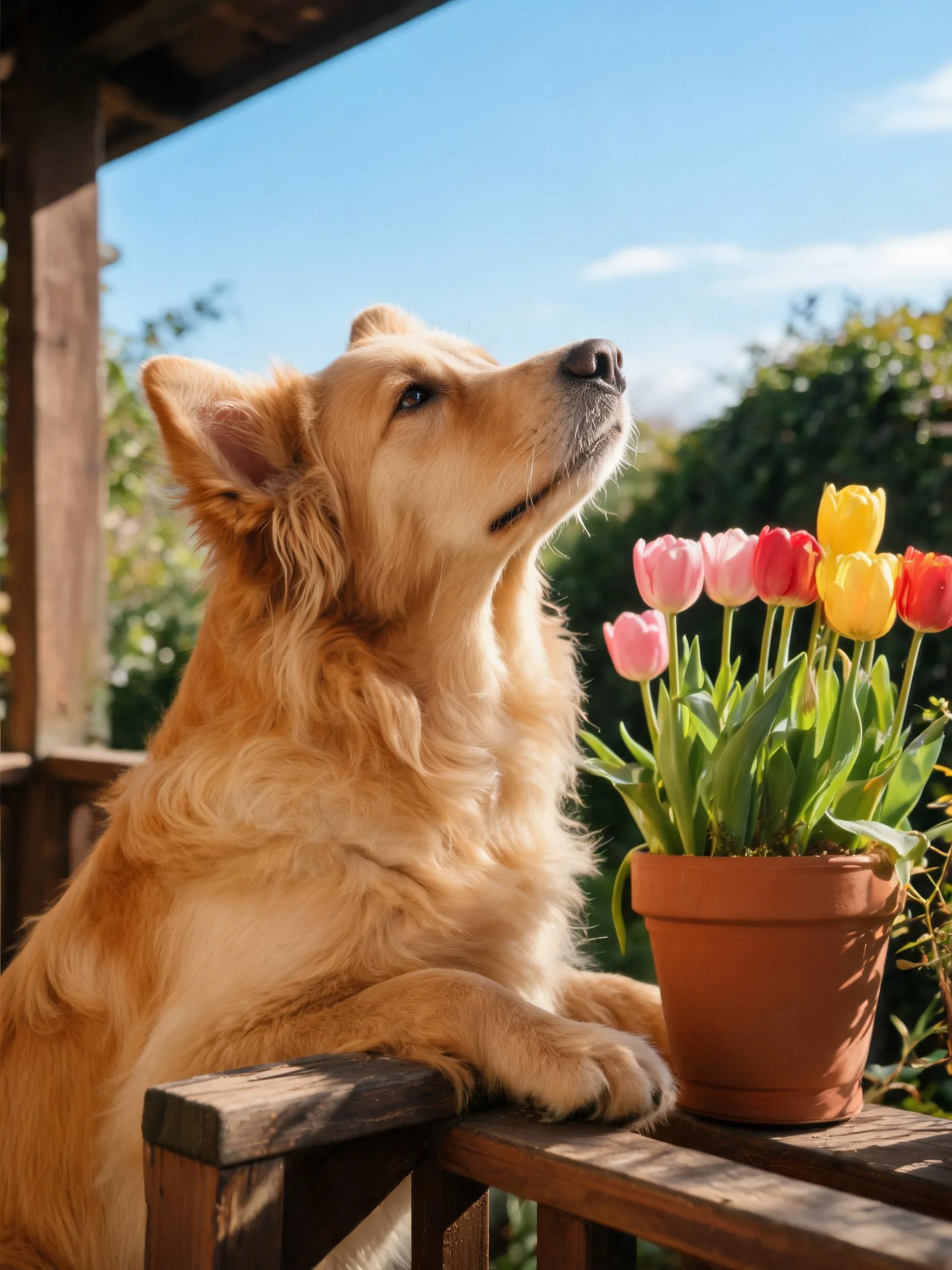 一只金毛寻回犬,有着浓密的金色长毛,正抬头凝视着彩色郁金香盆栽。