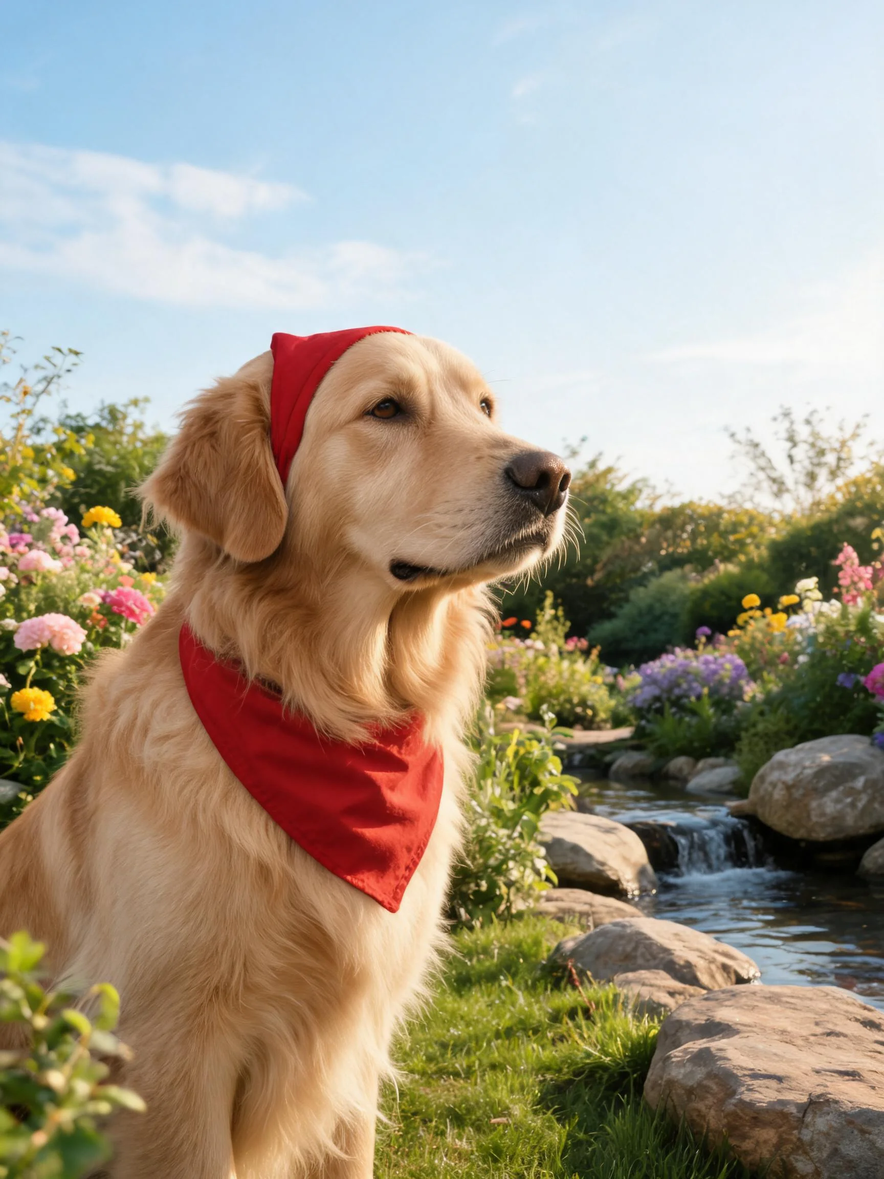 金毛猎犬戴着红色头巾和颈巾,浅金色毛发柔顺,正安静观察周围环境。