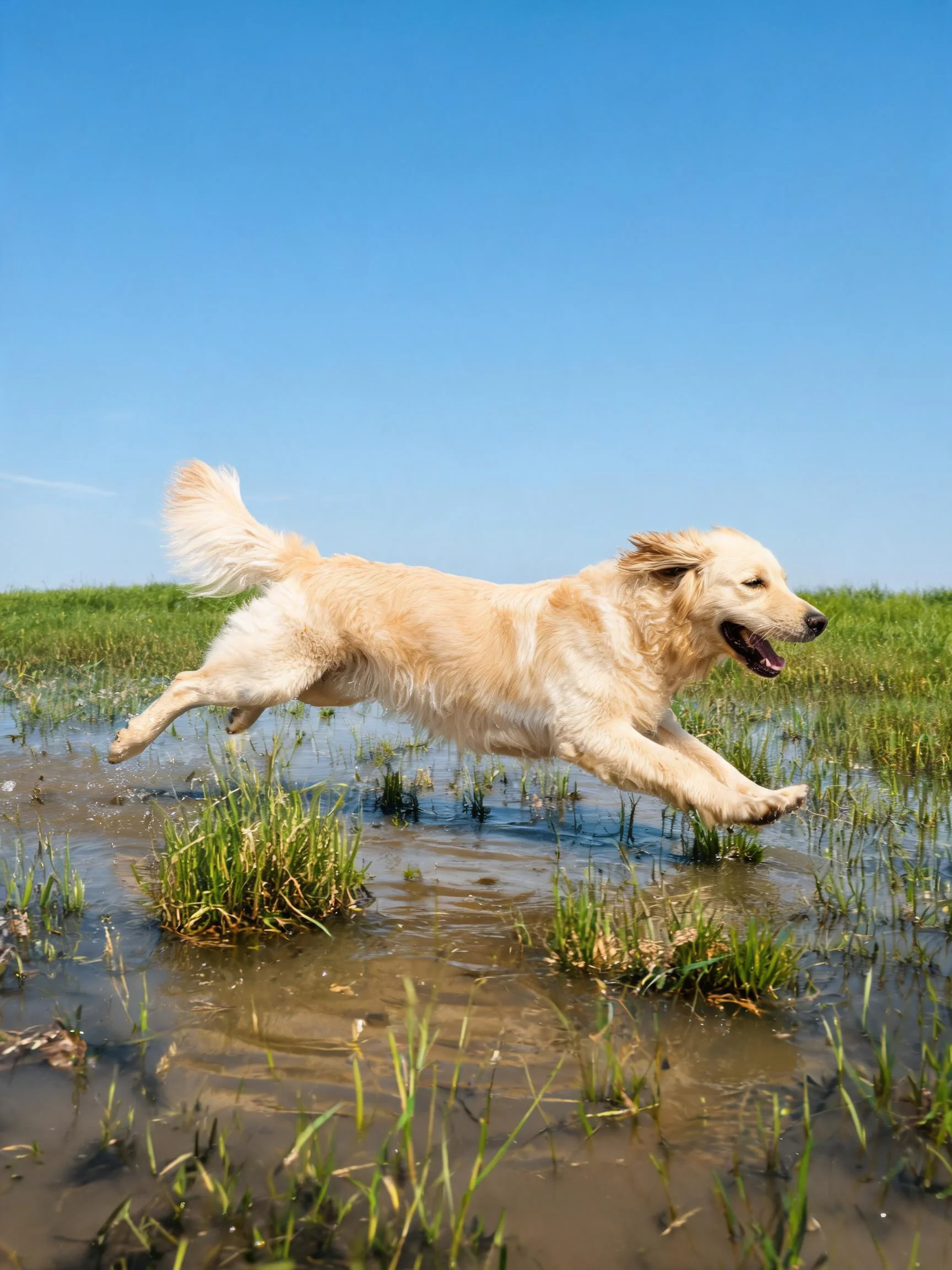金毛猎犬在空中跳跃起,金黄毛发清晰可见,下方是生长在水面的绿色草丛。