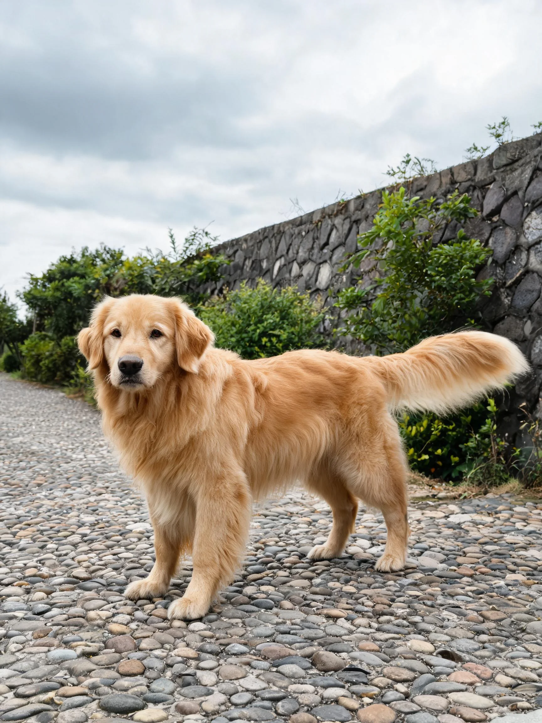 金毛寻回犬有着金黄色的长毛,毛发柔顺贴附在身体上。