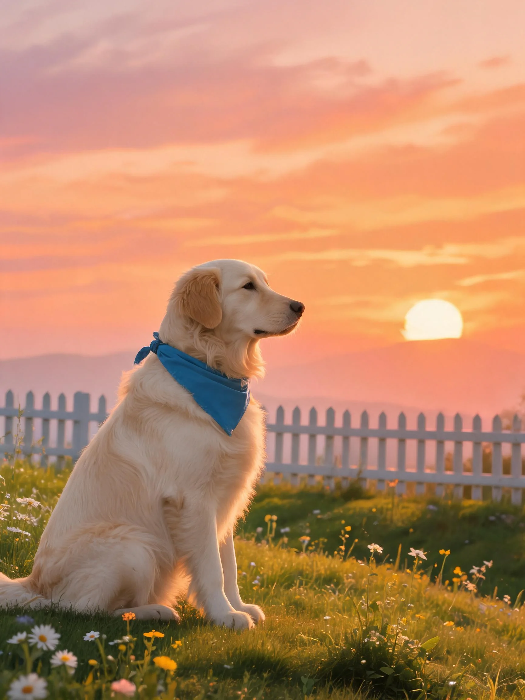 金毛寻回犬戴着蓝色丝巾,坐在开满小花的草地上,目光注视远方。