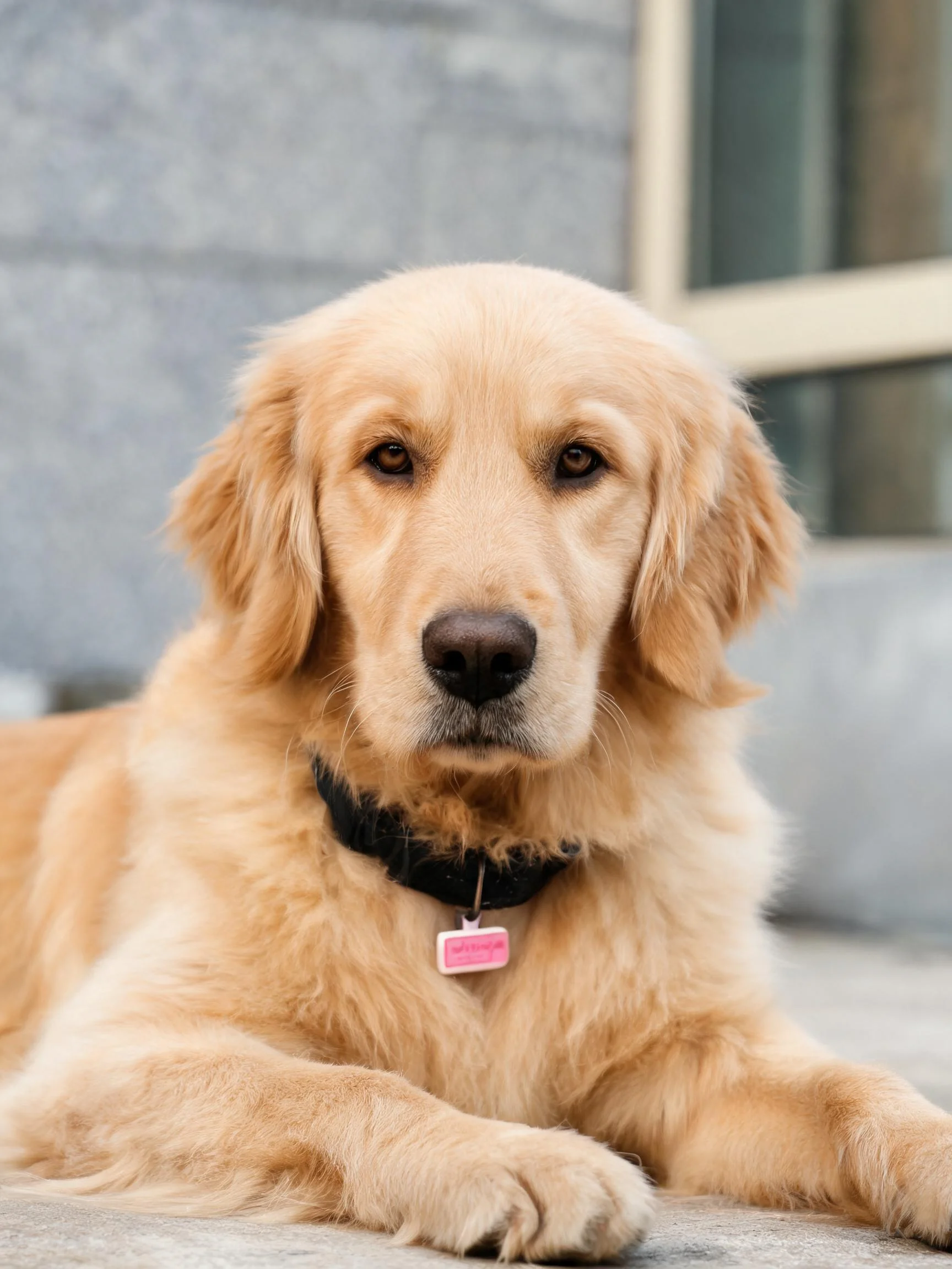 金色寻回猎犬幼犬安静趴卧,浅金色蓬松被毛,佩戴黑色项圈挂着粉色标识牌。