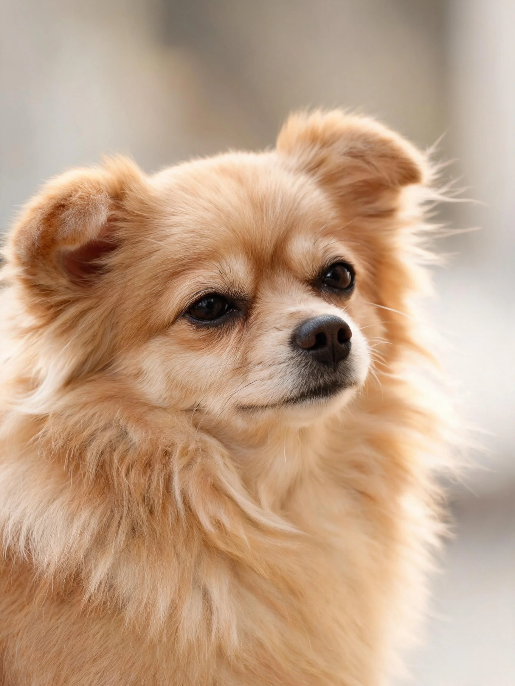 浅棕色博美犬有着蓬松的毛发和乌黑的眼睛,目光注视前方。