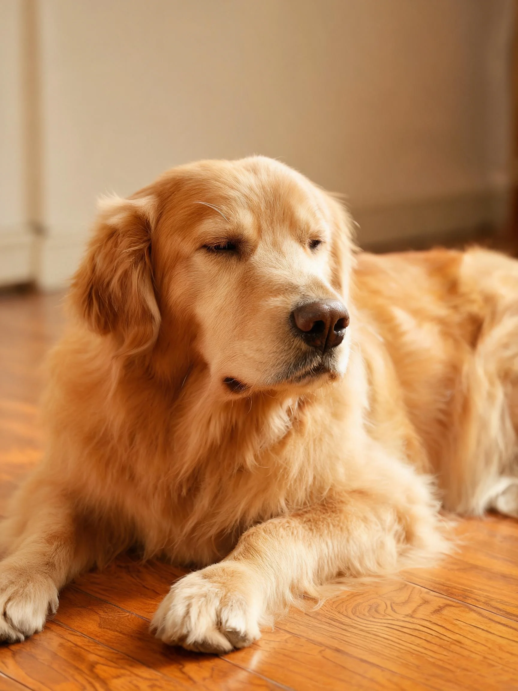 一只金毛寻回猎犬趴在室内木质地板上,双眼半睁,金黄色的长卷毛蓬松柔软。