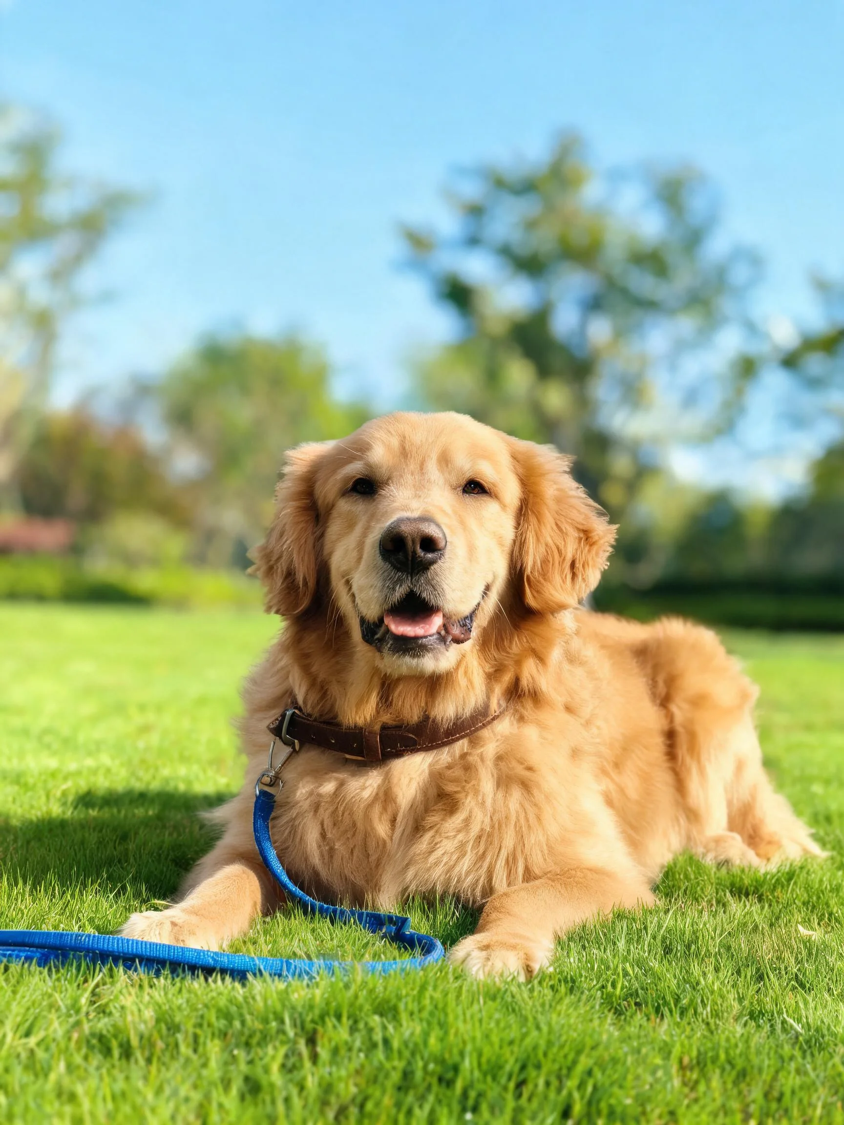金毛寻回犬有着浅棕色蓬松毛发,嘴巴张开露出粉红色舌头。