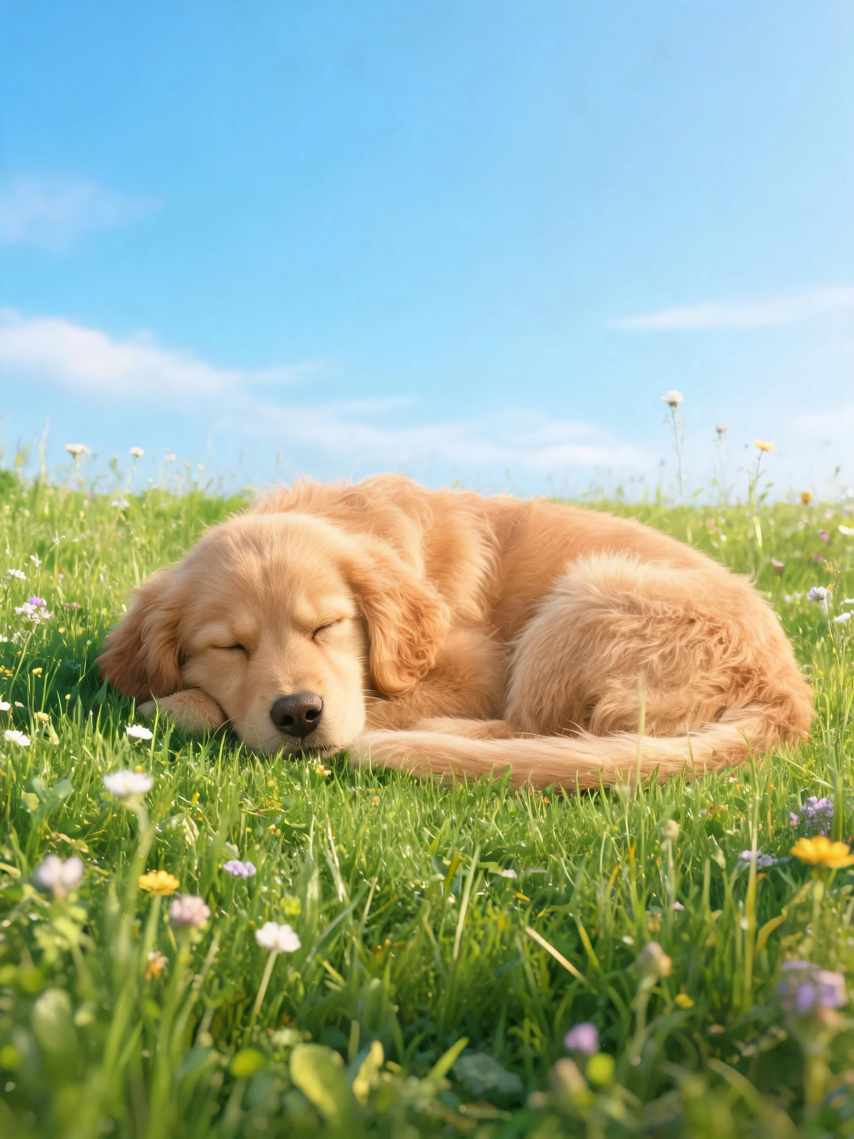 金毛幼犬安静地蜷卧在阳光照耀的草地上，金黄柔软的毛发紧贴身体。