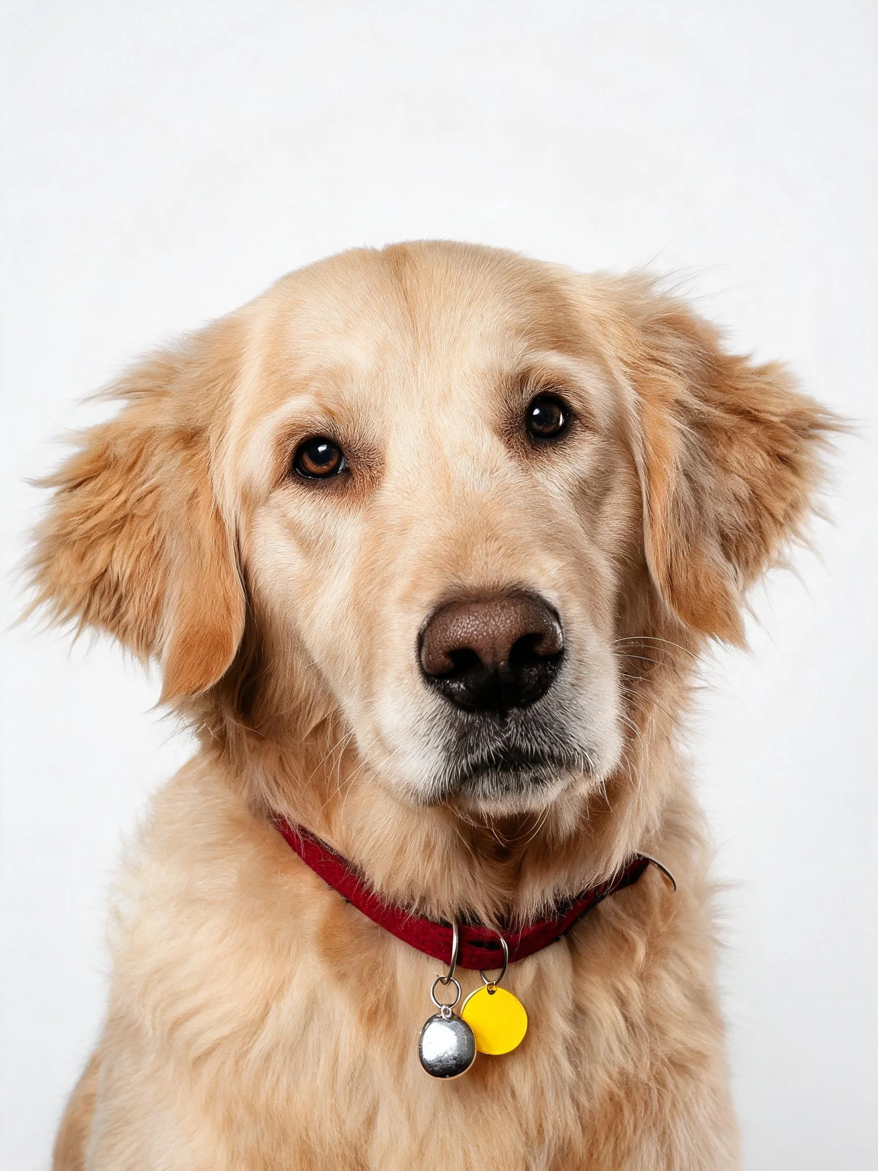 金毛寻回犬佩戴红色项圈,项圈上有黄色和银色装饰物,眼神温和清澈。
