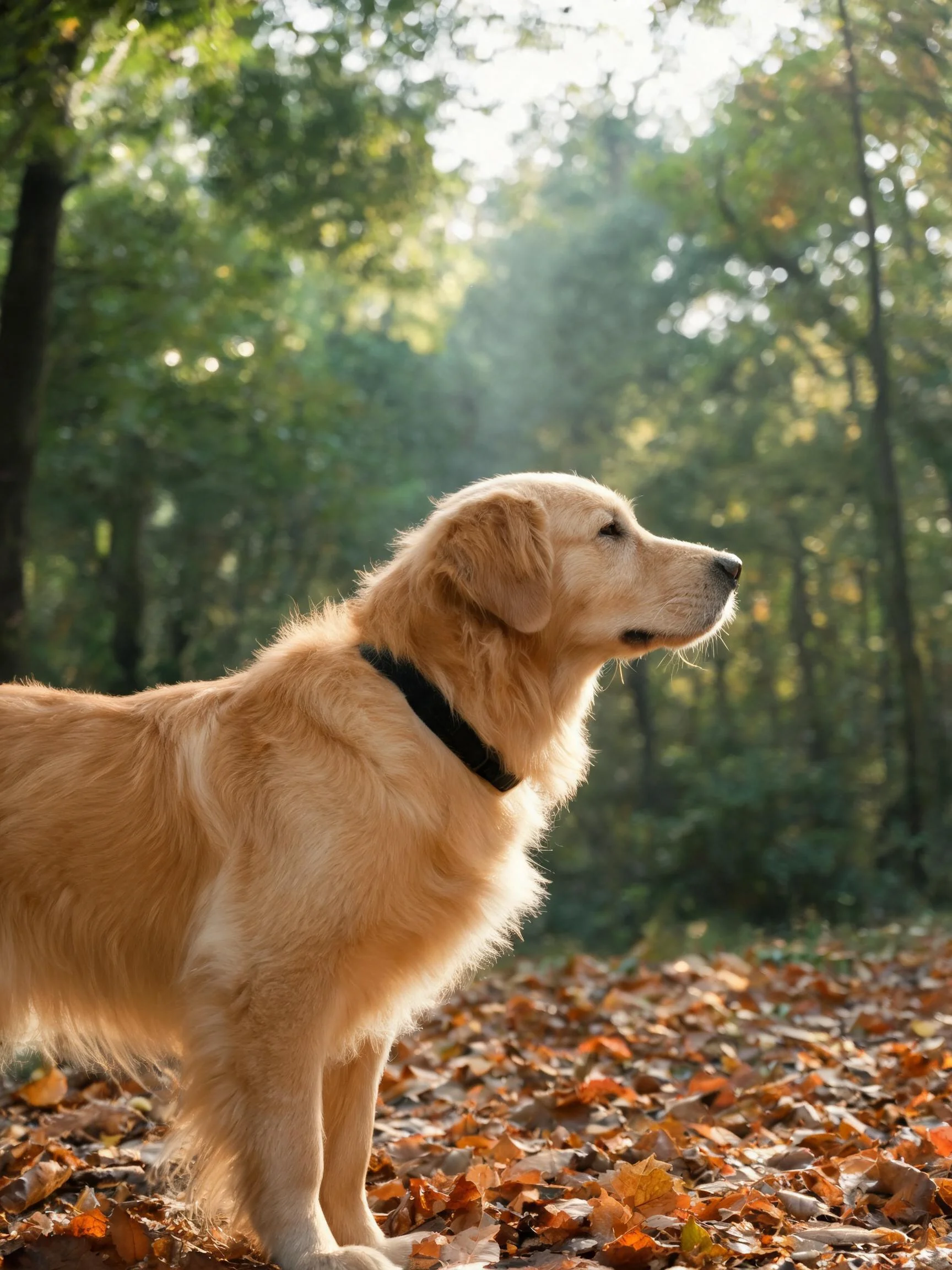 金毛猎犬有着顺滑的金棕色毛发,佩戴着黑色项圈,正站在满是落叶的林间空地凝望远方。