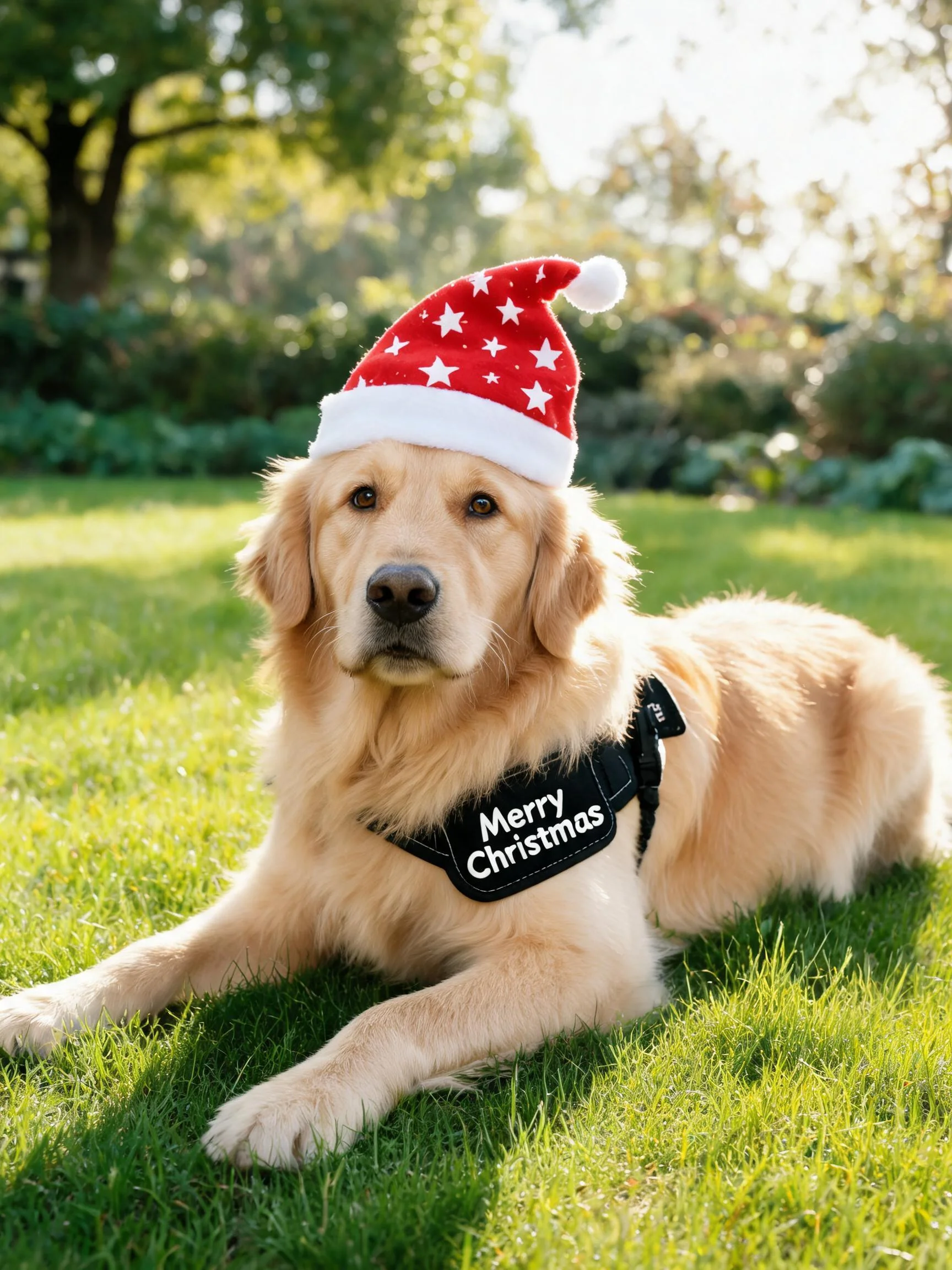金毛寻回犬戴着圣诞帽,背部有Merry Christmas字样的背带,趴在草坪上。