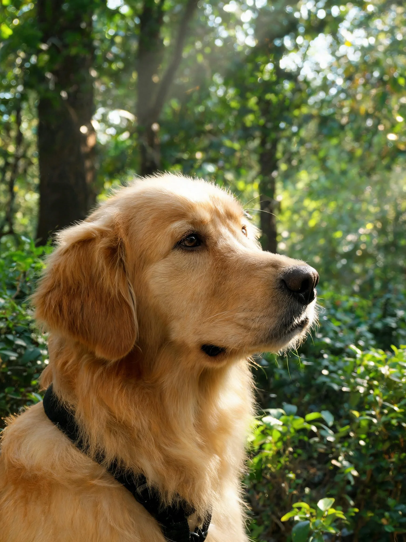 金毛寻回犬有着金黄色的蓬松毛发，在森林光线下展现出柔软的质感。
