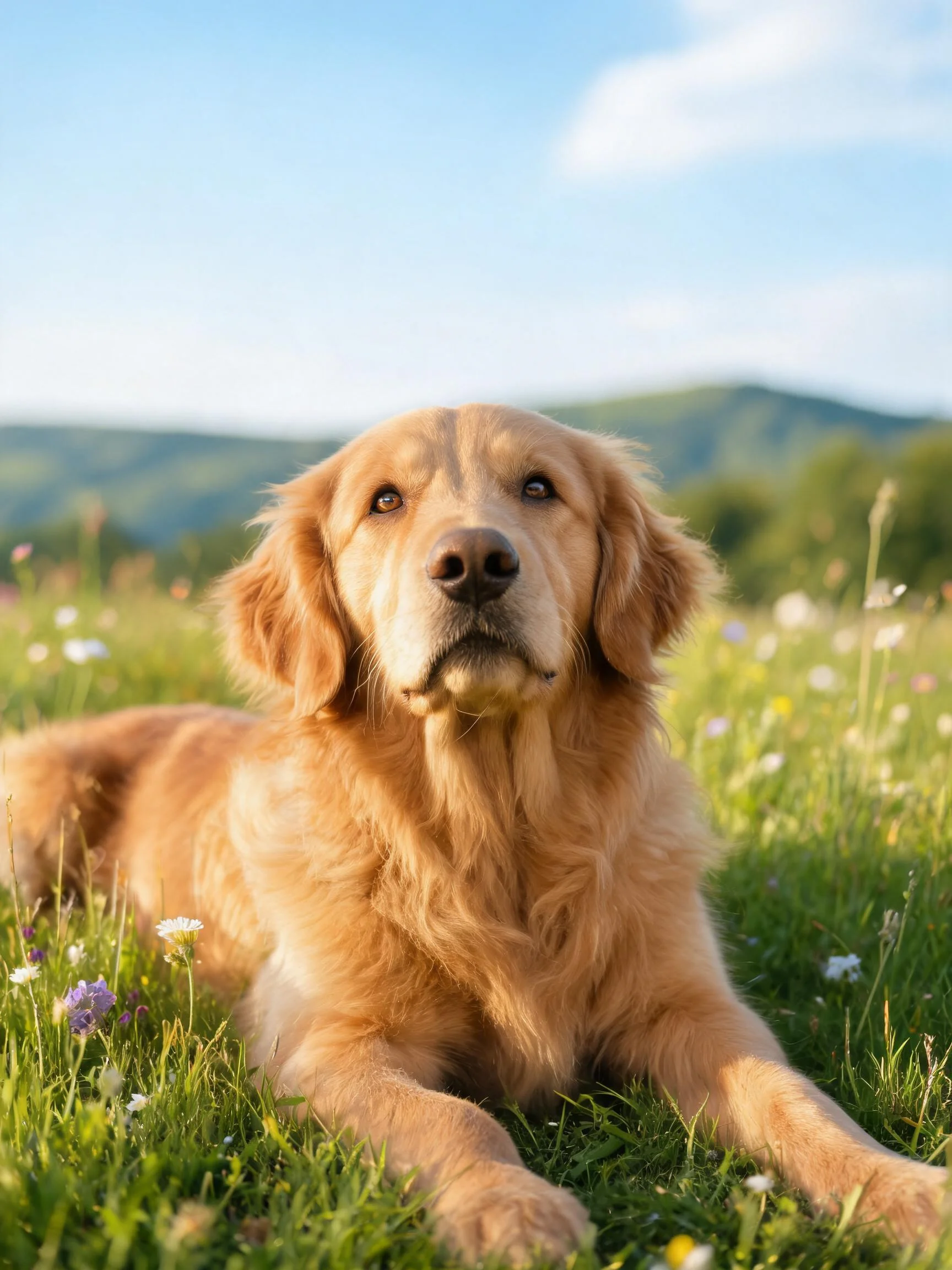 金毛寻回犬安静趴在青草地上,金黄色毛发顺滑蓬松,周围有各色野花点缀。
