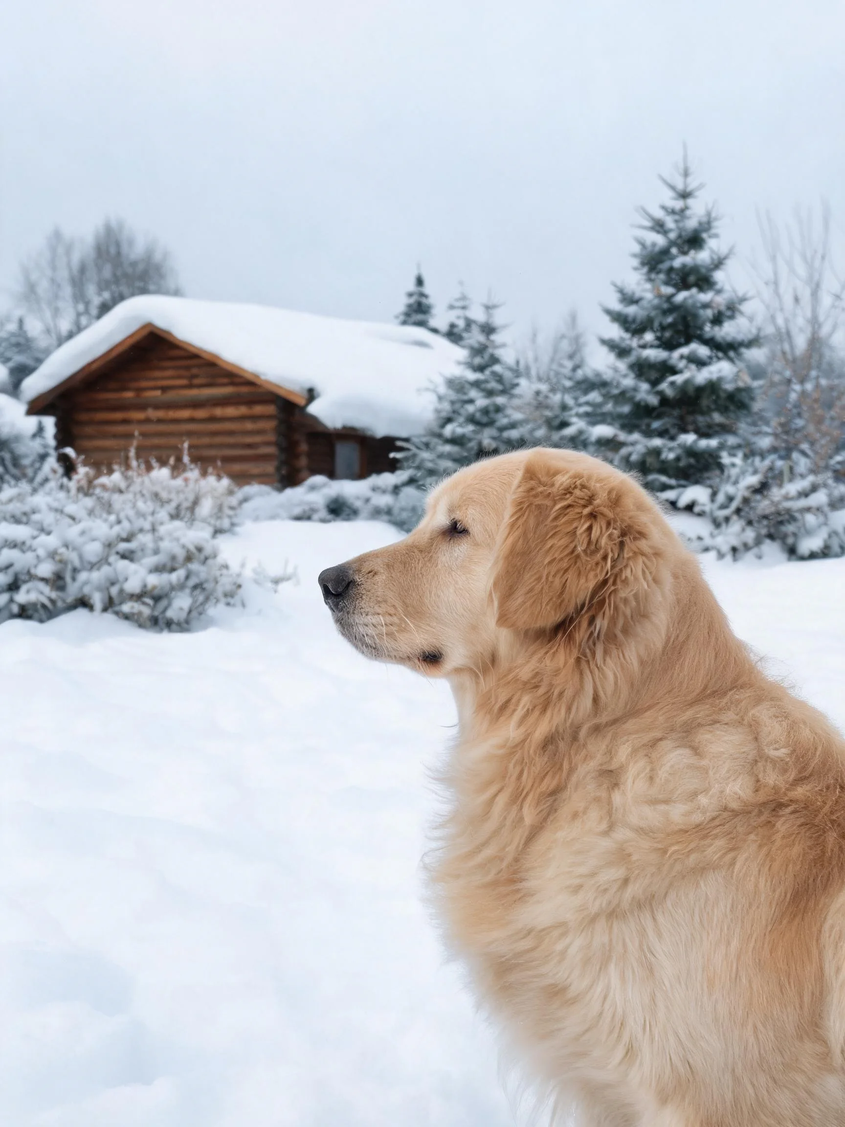 金毛猎犬有着浓密的浅金色毛发,正安静地站在雪地中凝视远方,毛发蓬松且富有质感。