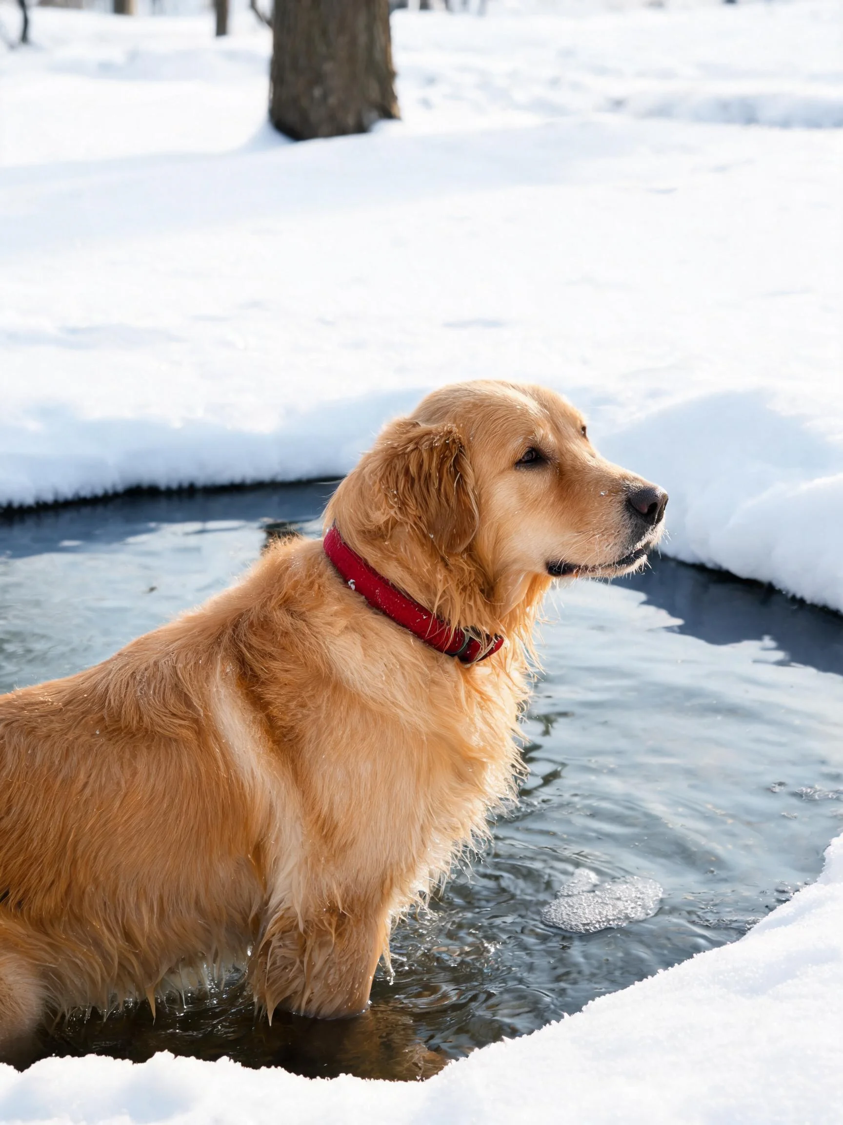金毛猎犬站在水域中,毛发因贴附在水面上而显得湿润,红色项圈清晰可见。