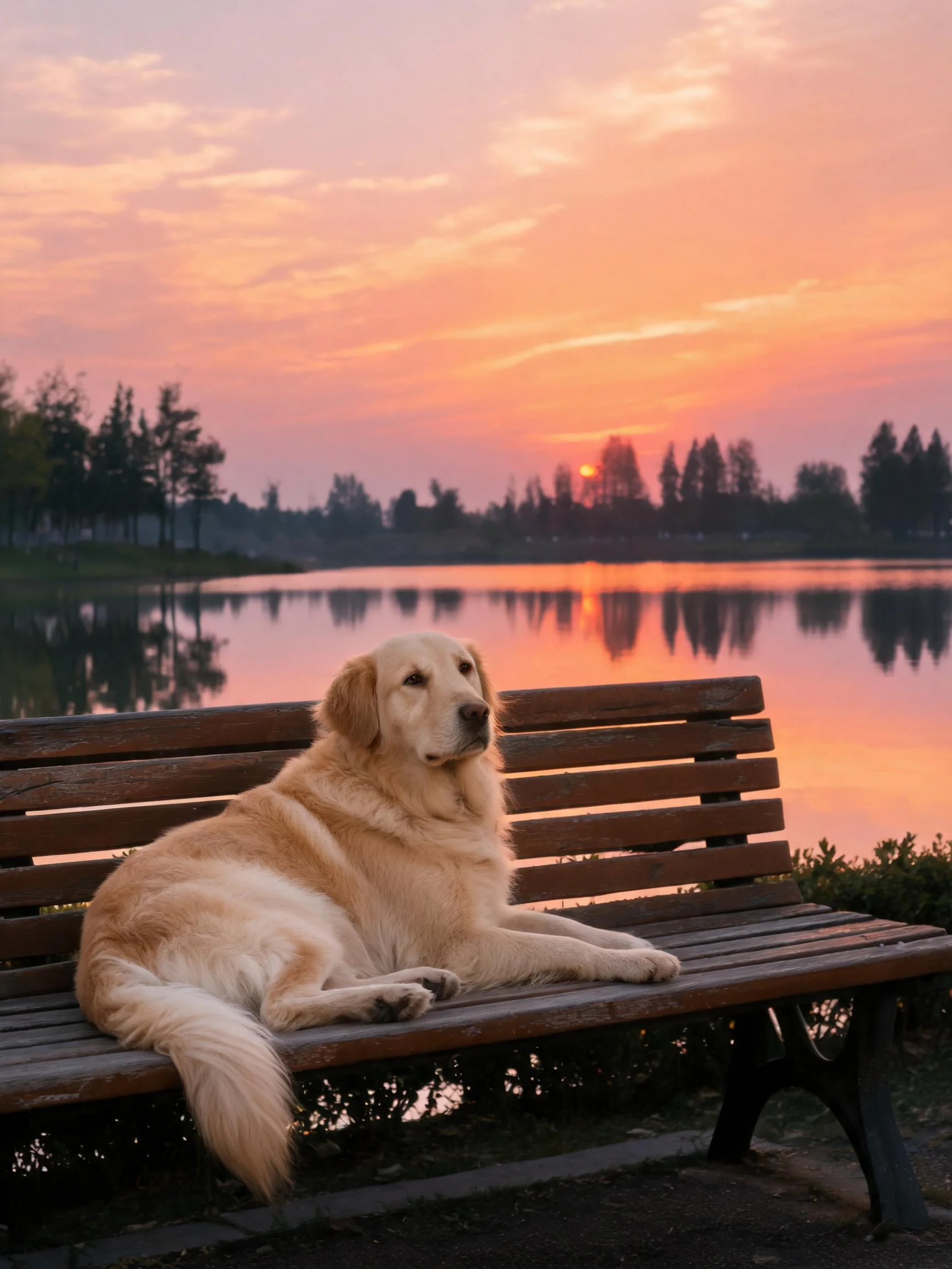金毛猎犬安静趴卧在木质长椅上，金黄蓬松的皮毛与湖边夕阳景色相映成趣。