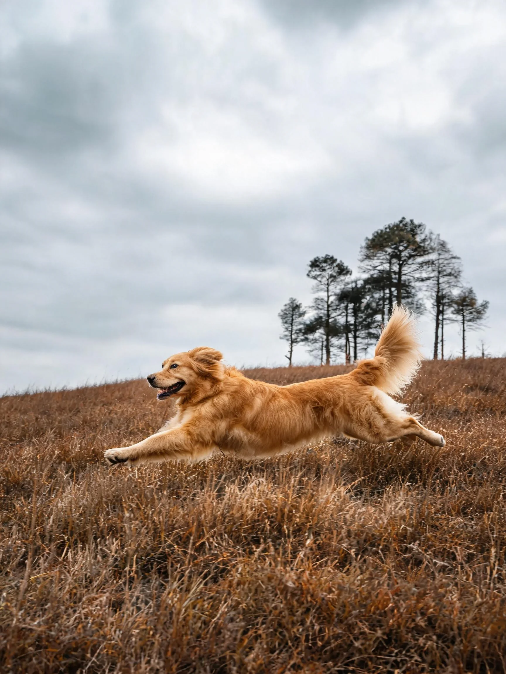 金毛猎犬在干燥草原上奔跑,金黄毛发随动作飘动,姿态矫健有力。