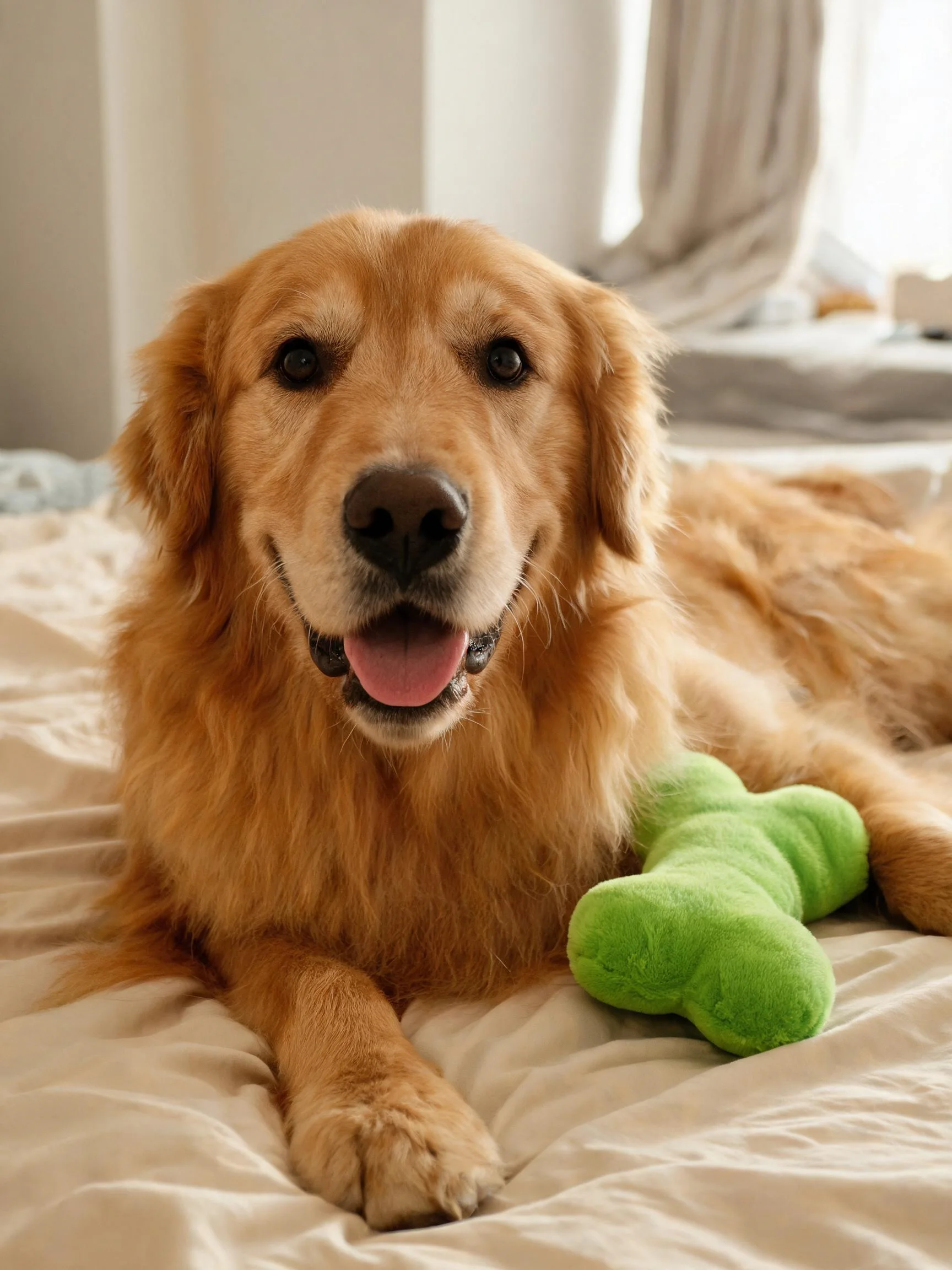 金毛猎犬面带笑意,身旁放置着绿色骨头造型的毛绒玩具,毛发柔软顺滑。