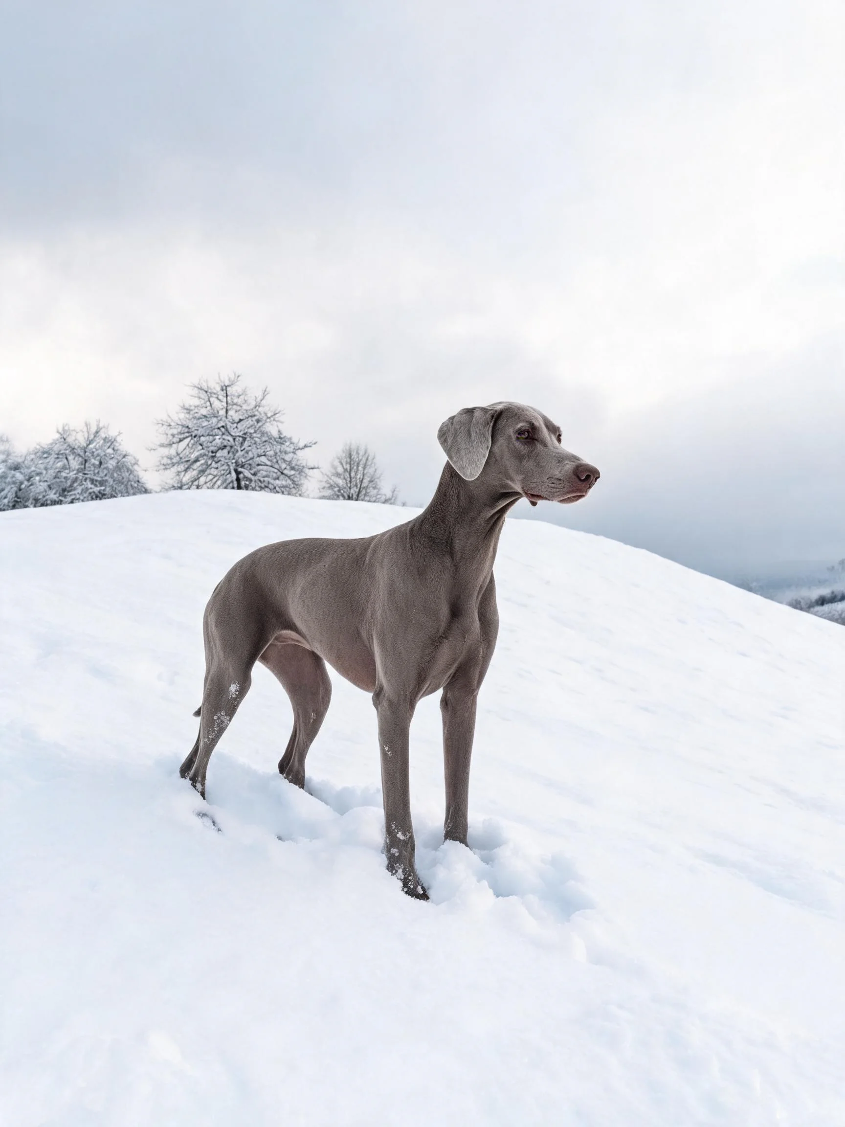 魏玛猎犬灰蓝色被毛与雪地背景形成鲜明对比,修长四肢站立在雪地之中。