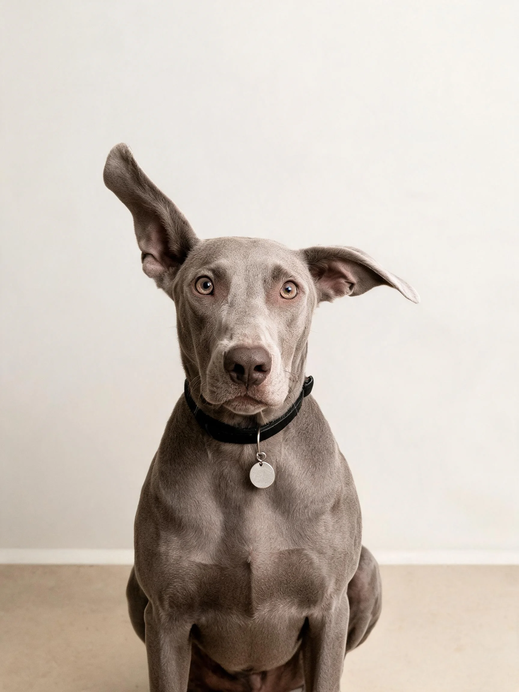 魏玛猎犬安静坐着,银灰色皮毛搭配舒展的大耳朵,项圈挂有圆形标识牌。