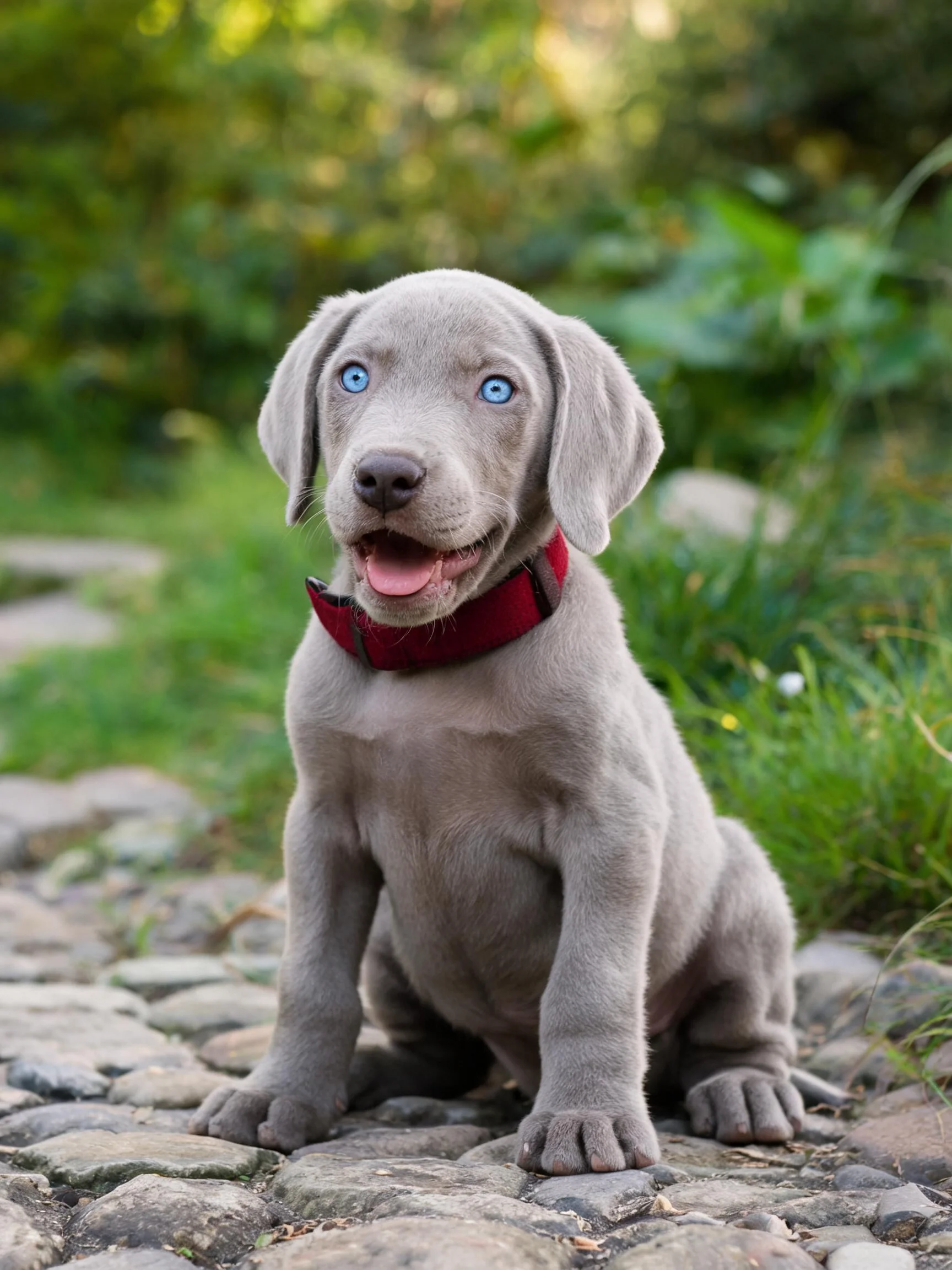 魏玛兰纳幼犬有着银灰色毛发和蓝色眼睛,正坐在石板小径上。