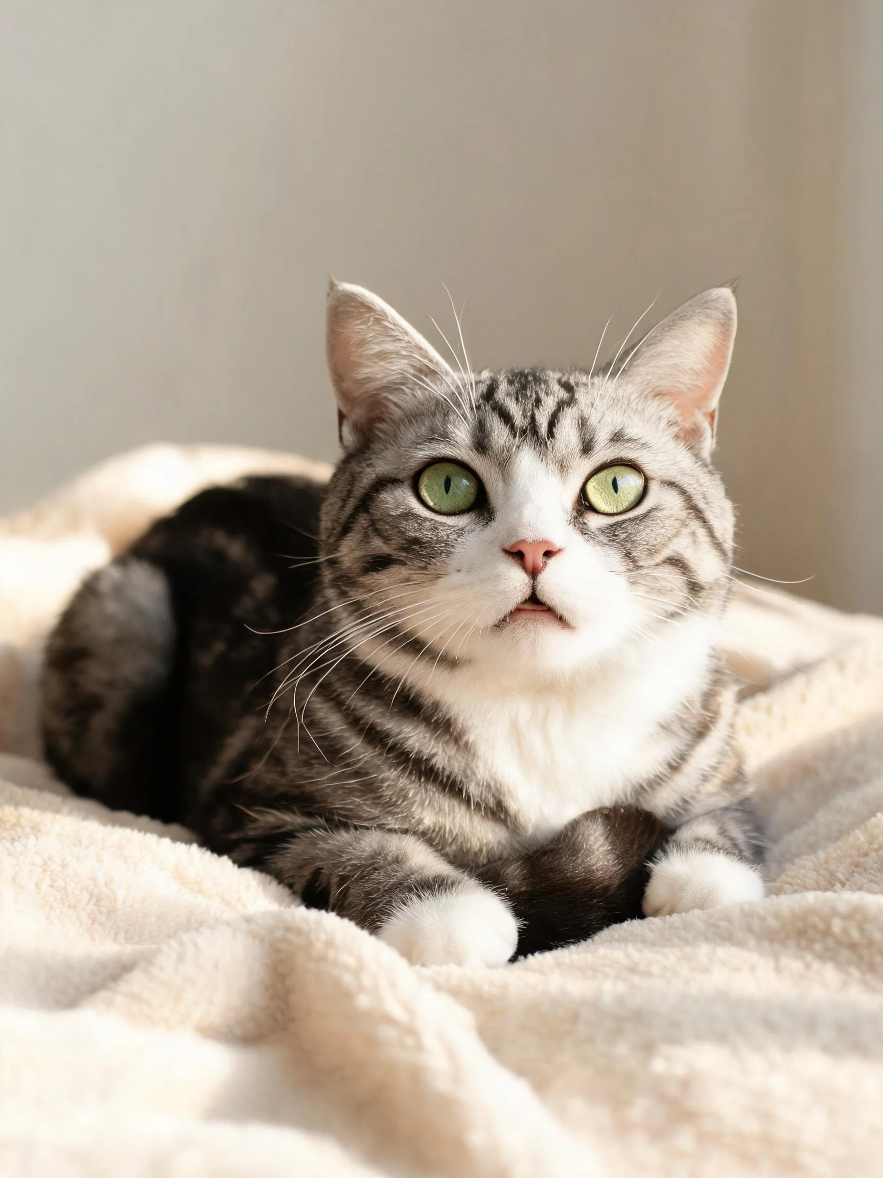 短毛虎斑猫趴在浅色毛巾上,拥有明亮的绿色眼睛和清晰的虎斑纹路。