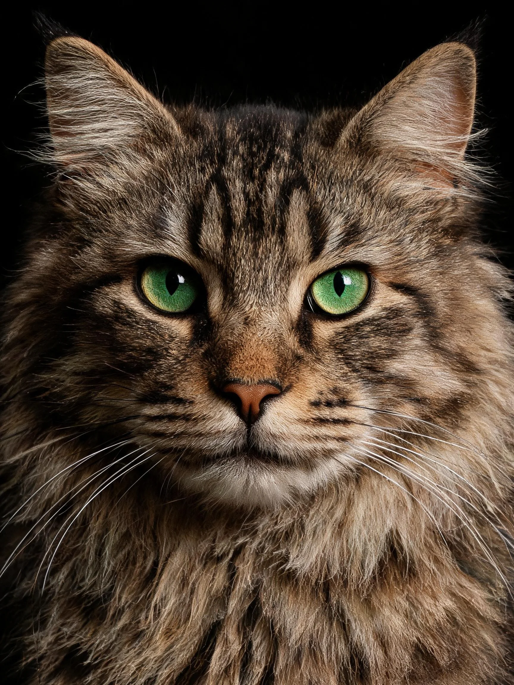 这只缅因猫有着明亮的绿色眼睛和浓密的长毛,胡须修长且笔直。