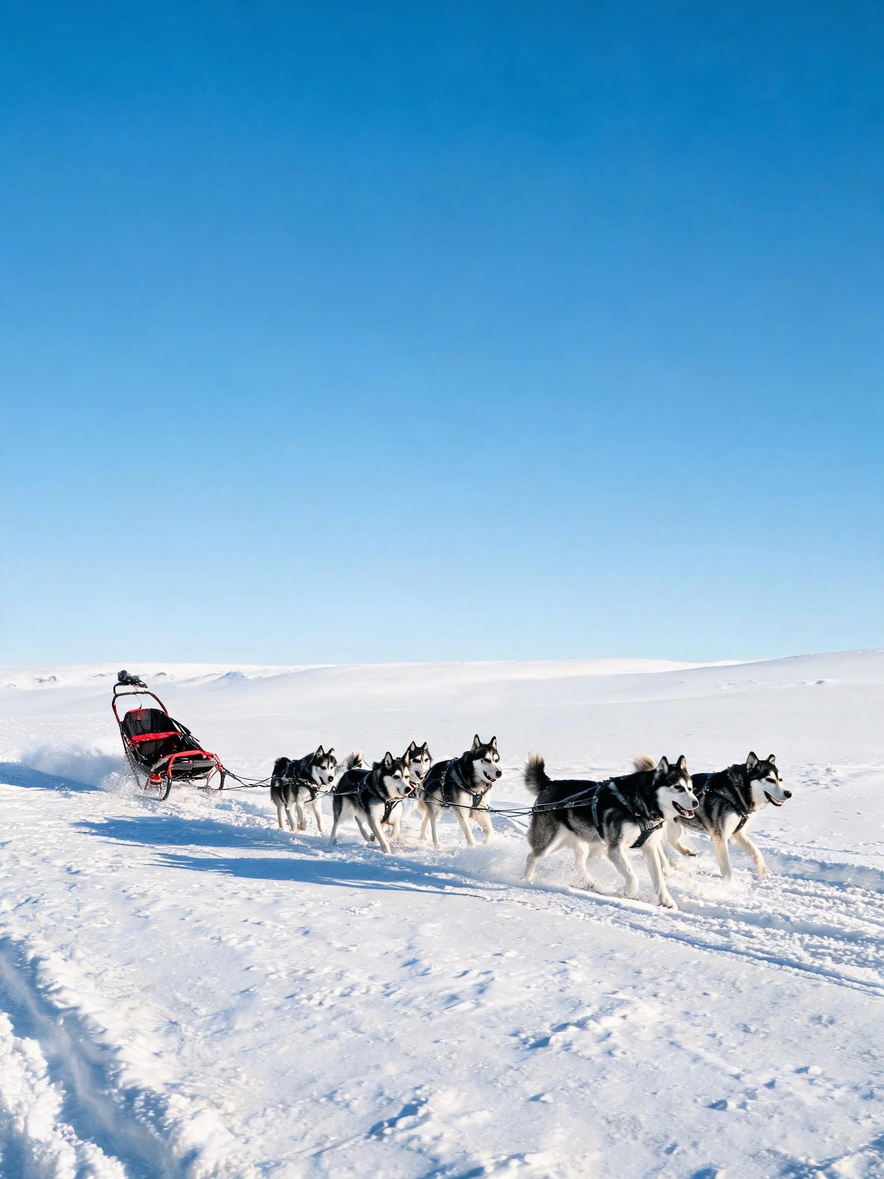 西伯利亚雪橇犬有着相间的皮毛在阳光下清晰可见,它们有力地奔跑着拉着雪橇。