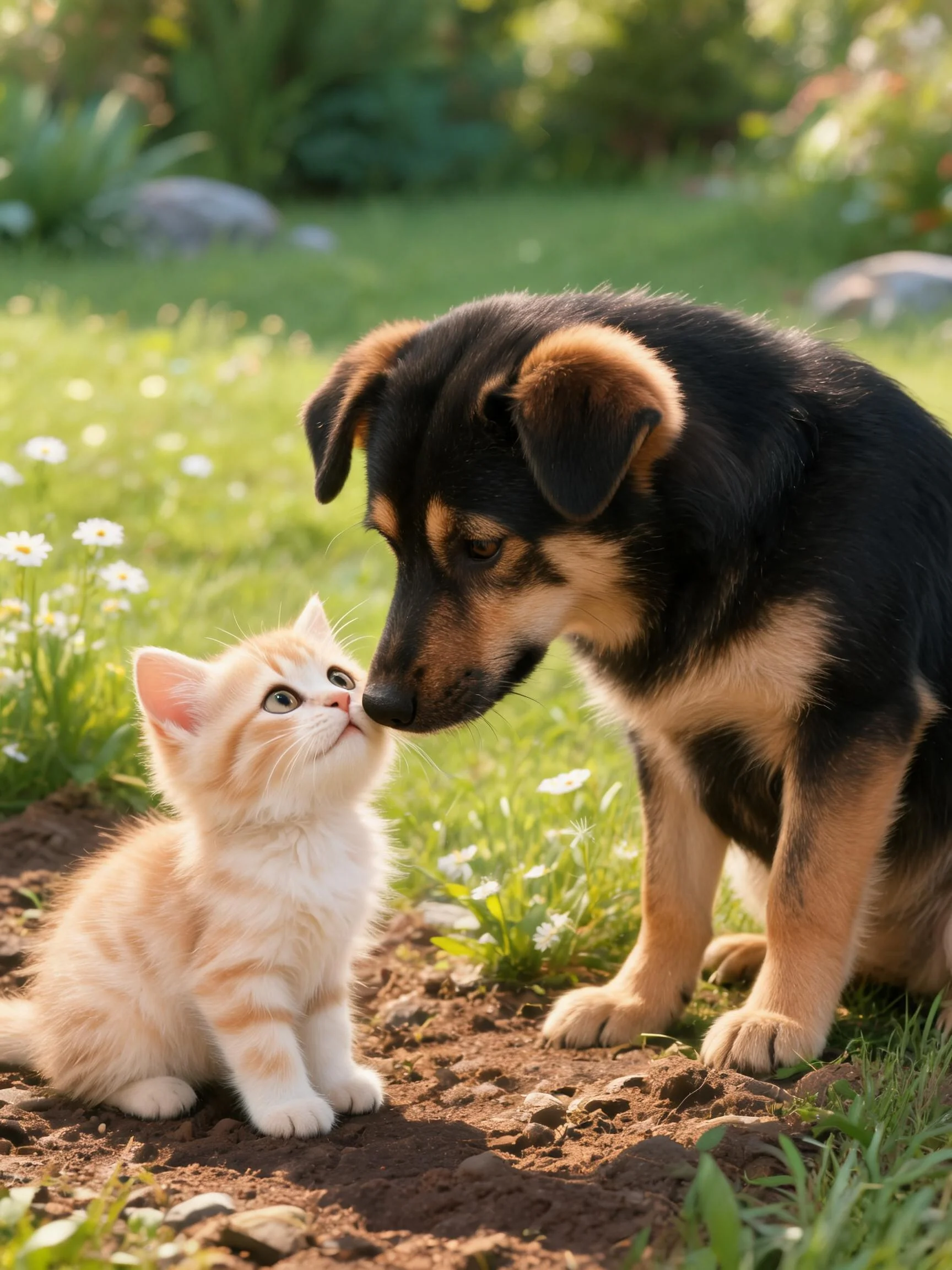 一只德国牧羊犬幼犬正用鼻子轻触一只橙色短毛家猫，二者在户外草地区域近距离互动。