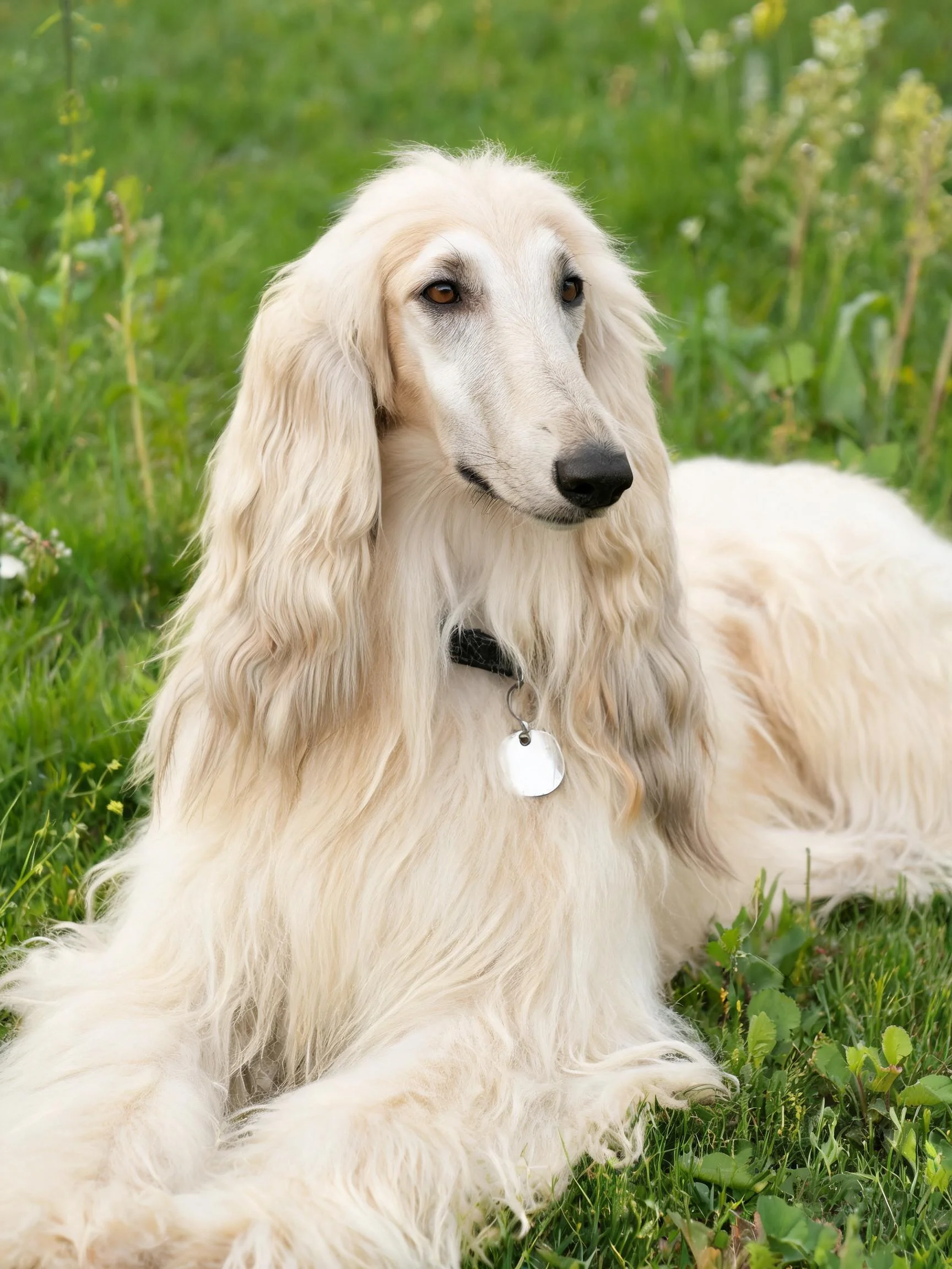 阿富汗猎犬安静趴卧在草地上，浅色长毛顺滑贴附身体表面。