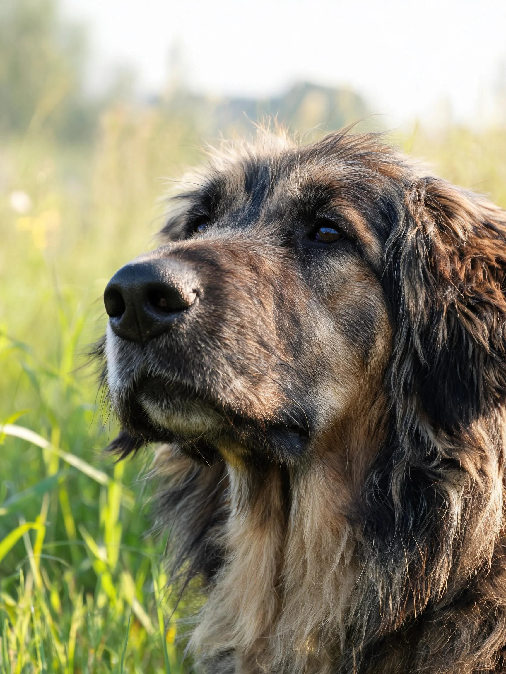 一只高加索犬有着浓密蓬松的深棕色长毛,目光专注地凝视远方。