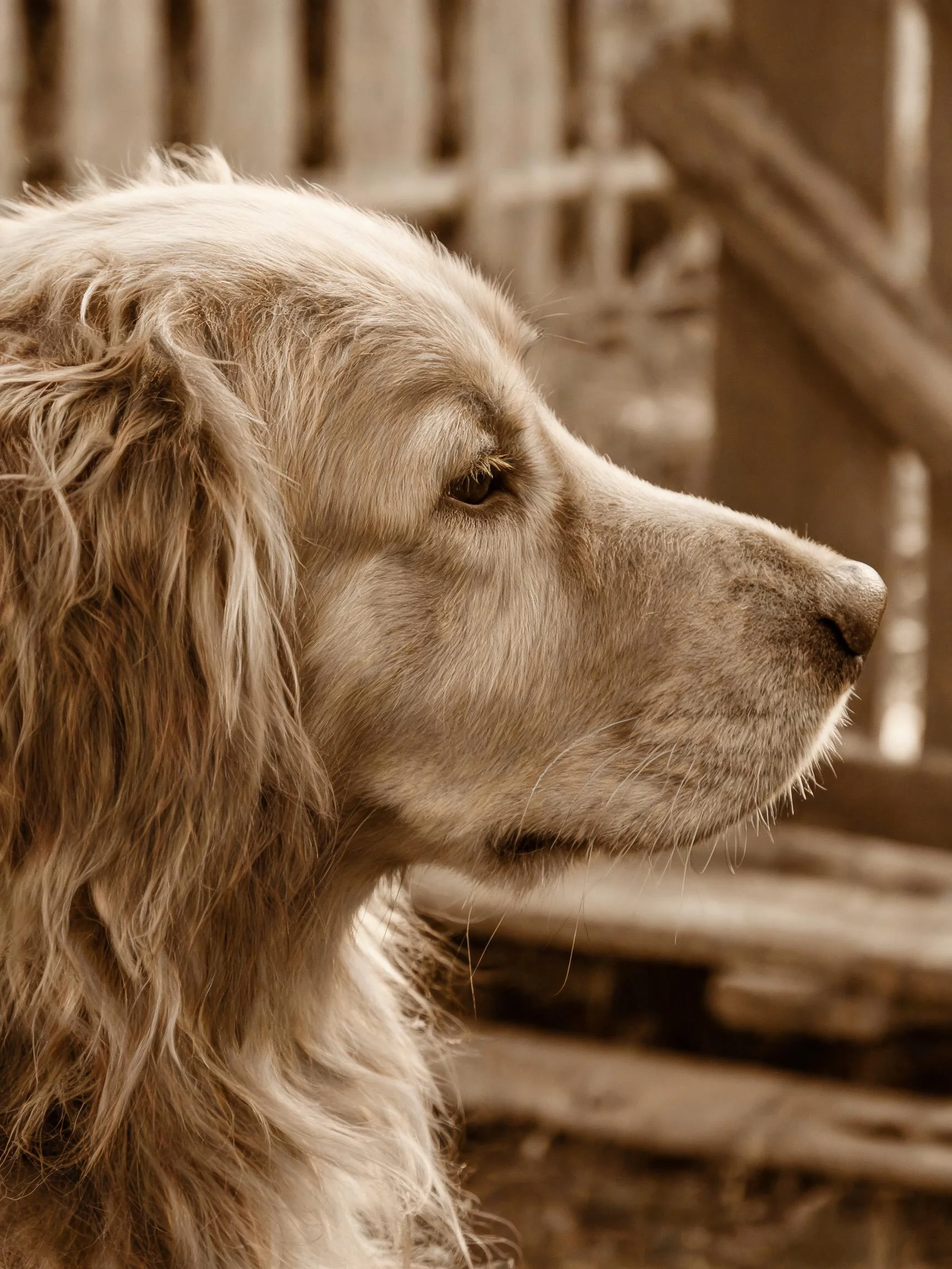 一只长毛寻回犬在户外环境中呈现侧面形象,浅棕色毛发垂落,面部轮廓清晰可见。