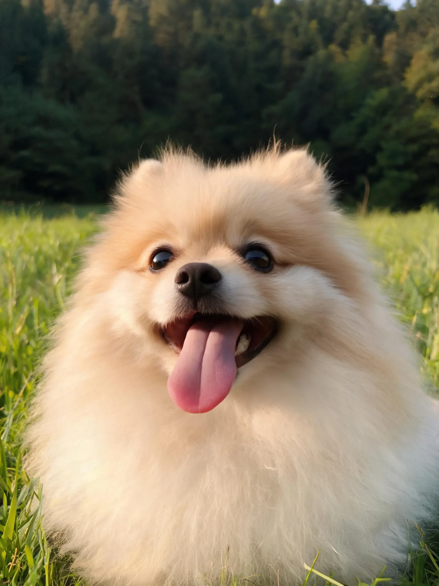 一只博美犬在户外草地上,嘴巴张开露出湿润的粉色舌头,毛发蓬松柔软。