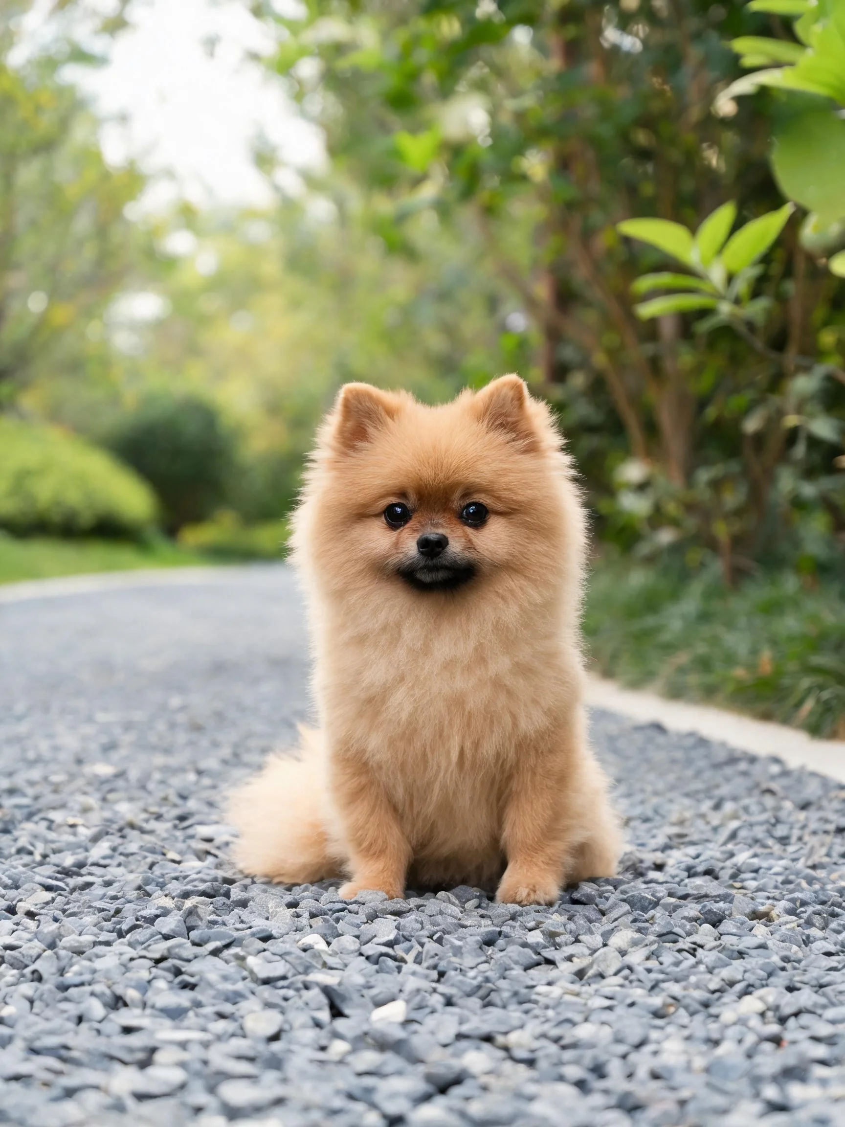 一只毛色金黄的博美犬安静地坐在碎石小径上,有着蓬松柔软的浅棕色毛发和黑色口鼻部。