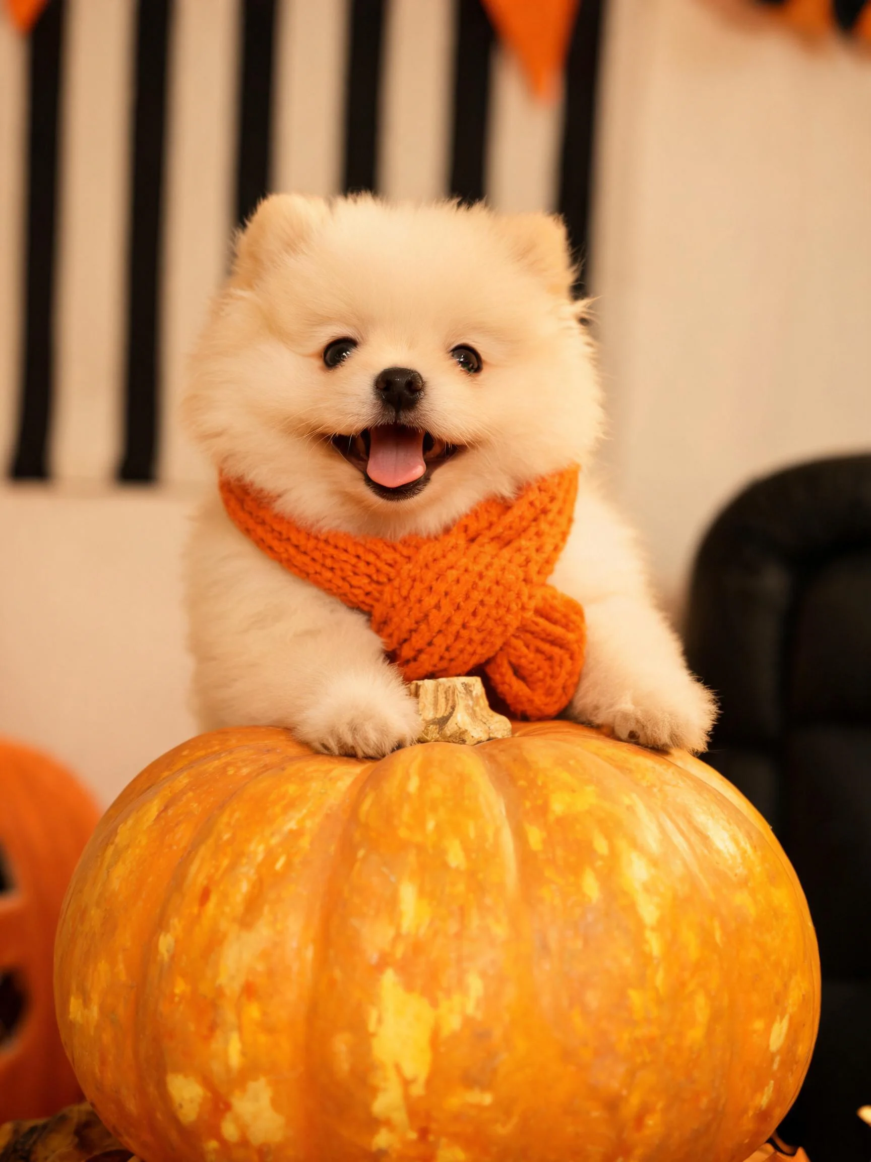 白色博美犬围着橙色围巾趴在橙黄色南瓜上,小爪子轻放南瓜顶端。