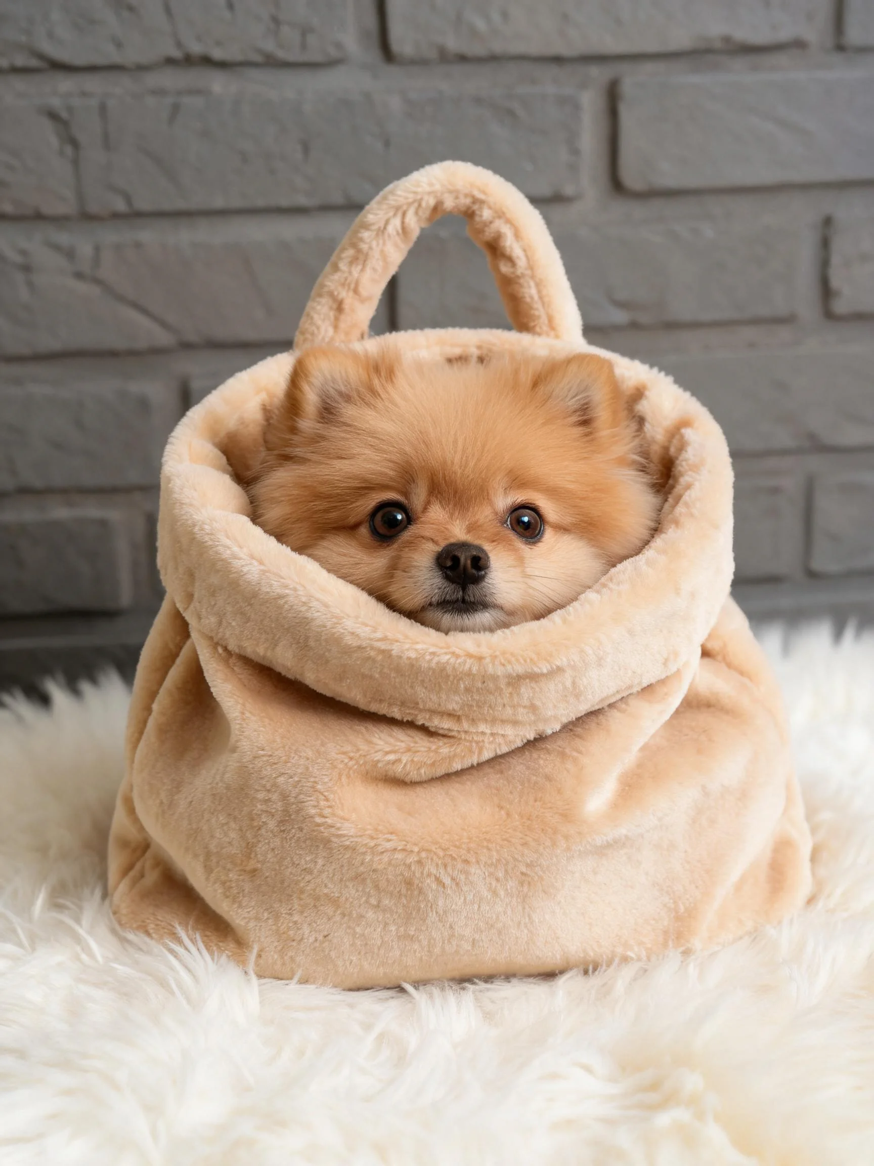 博美犬从浅棕色软袋中探出头,有着金黄色的蓬松毛发和明亮的大眼睛。