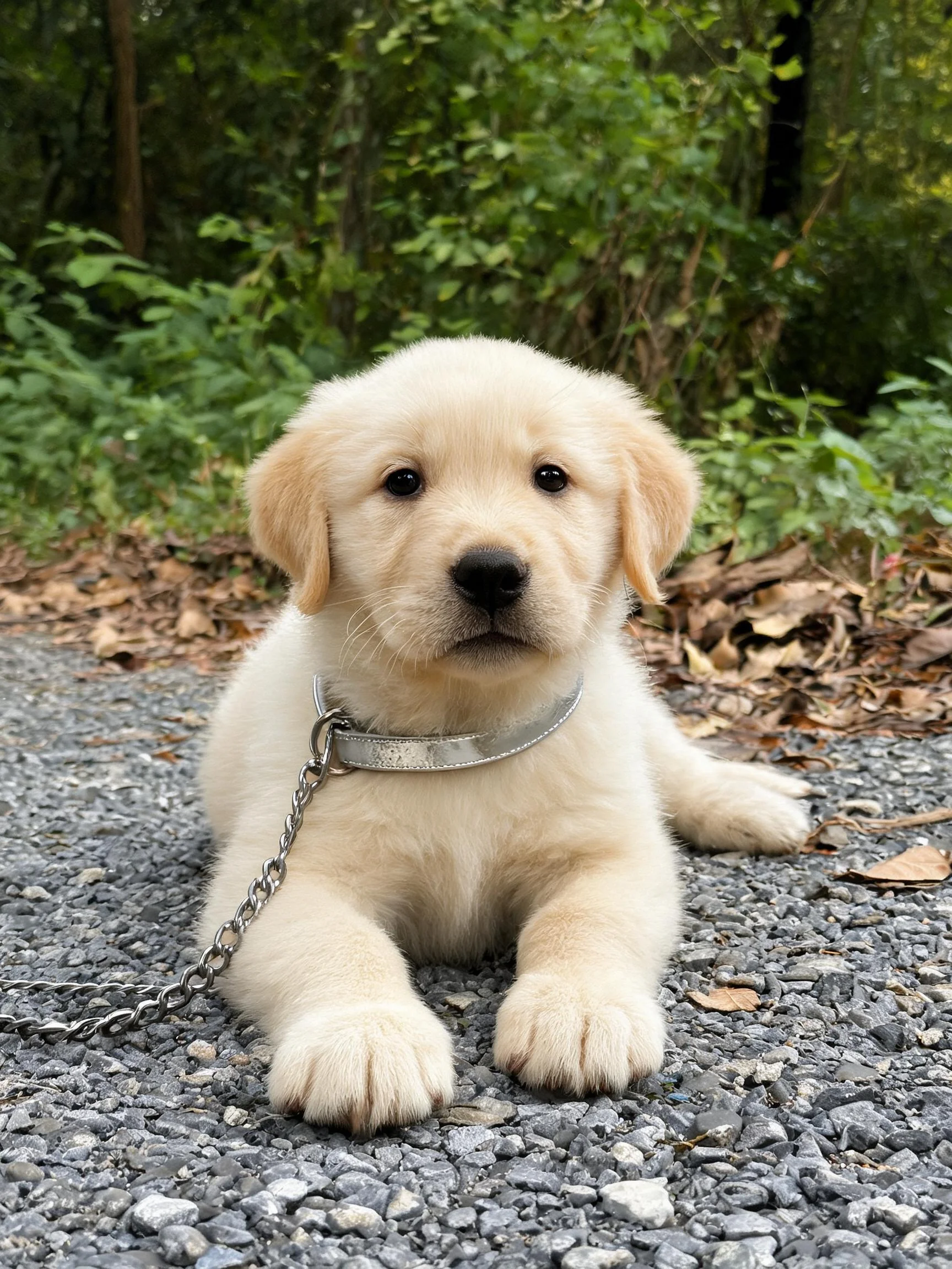 金毛寻回犬幼犬有着浅金色蓬松毛发，安静趴在碎石路面，佩戴银色项圈。
