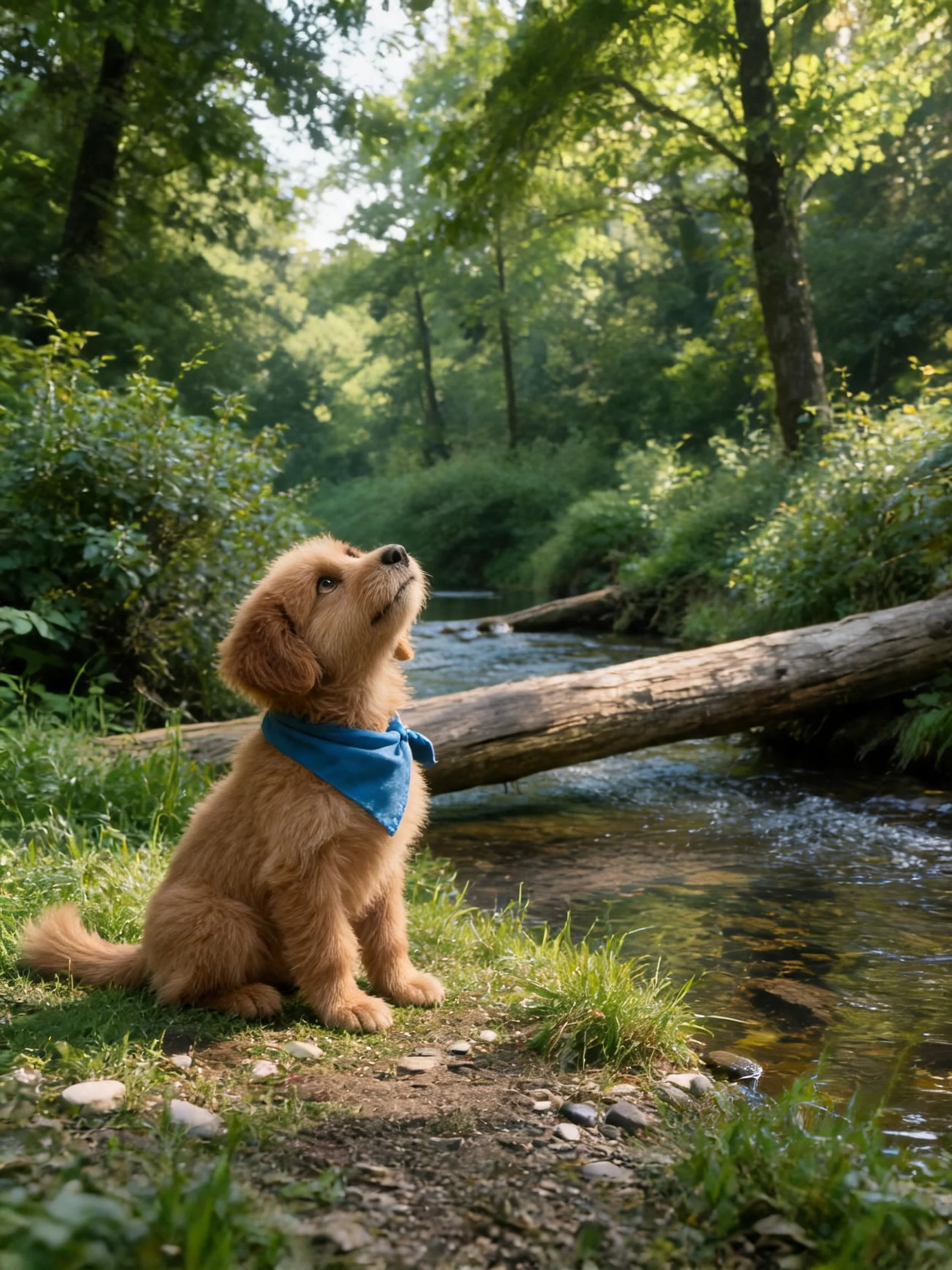 金毛寻回猎犬幼犬戴着蓝色围巾坐在森林溪边,浅棕色毛发蓬松柔软,眼神专注。