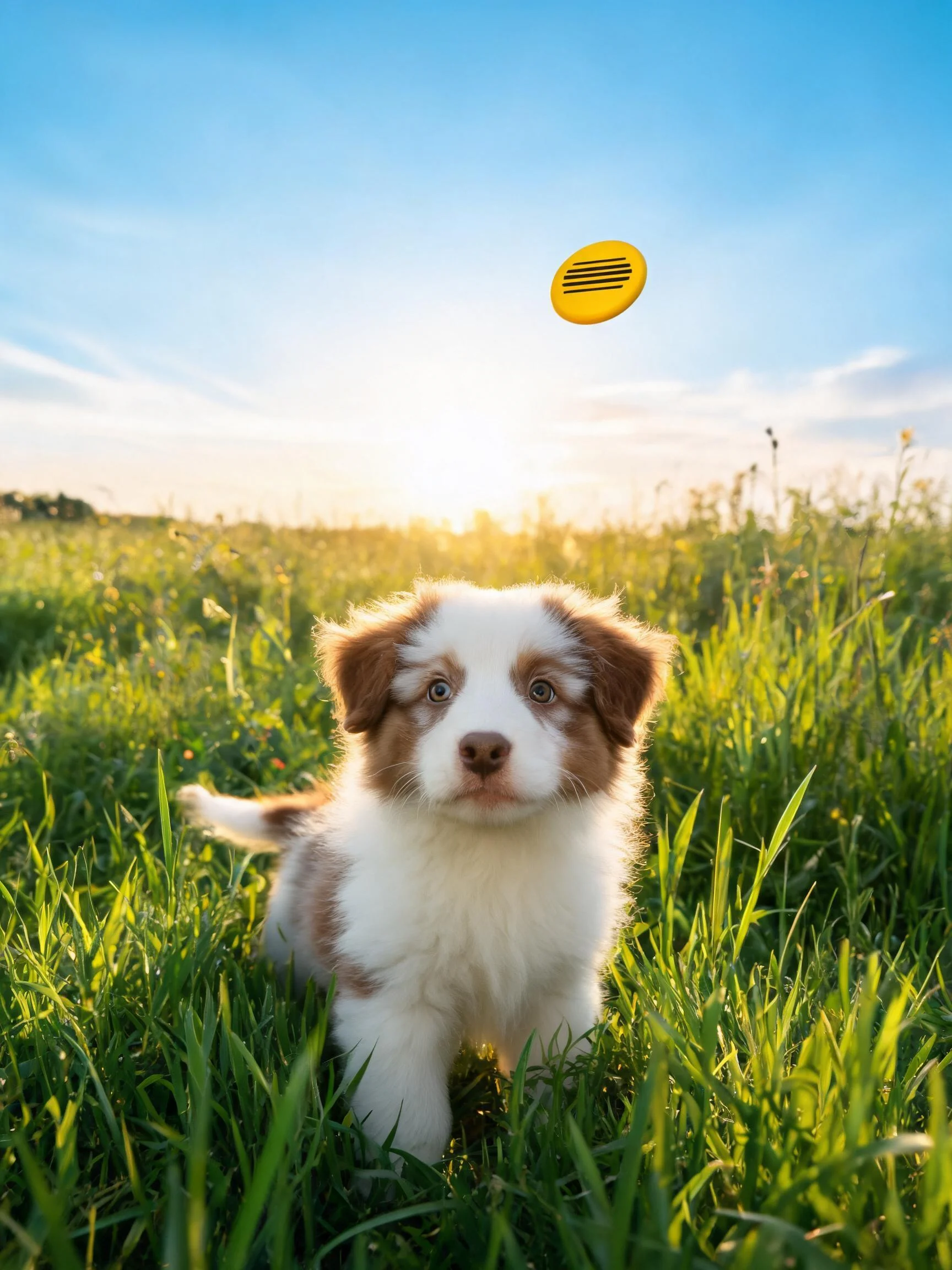 澳洲牧羊犬幼犬注视空中的黄色物体,白色与棕色相间的毛发蓬松柔软。