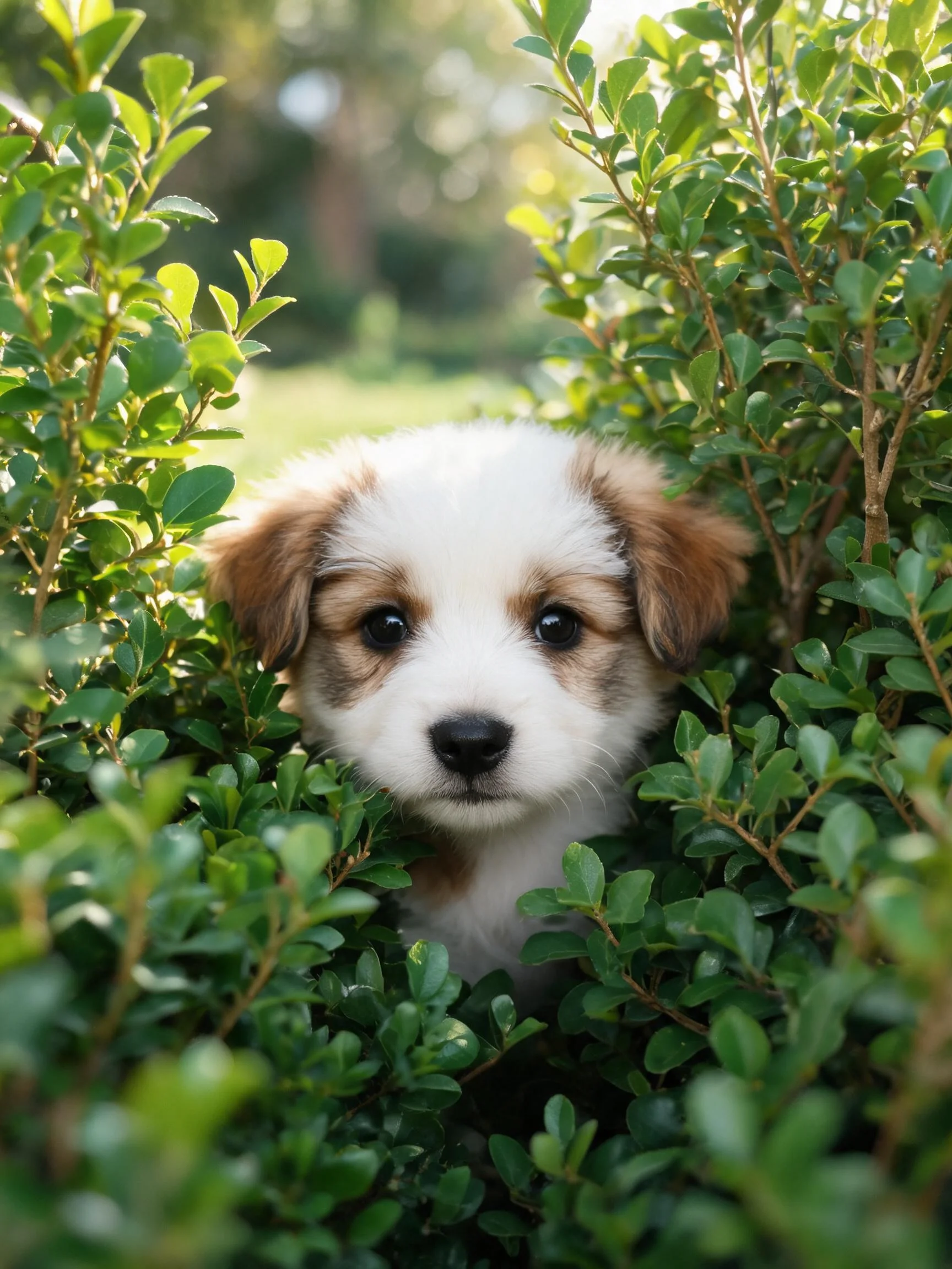 短毛混血幼犬在绿色灌木丛中露出头部，白色与浅棕色相间的毛发柔软。