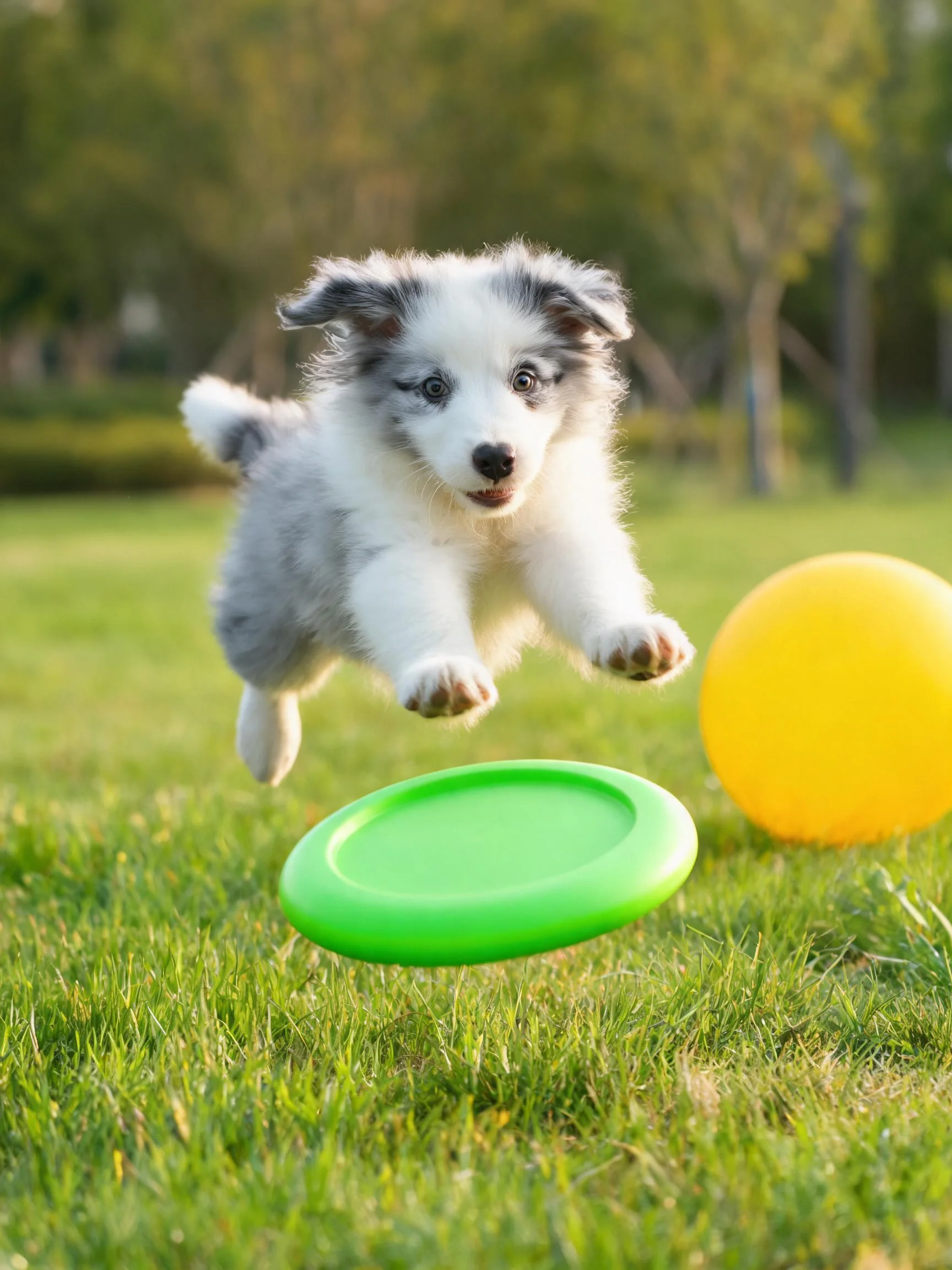 边境牧羊犬幼犬正跃向空中绿色飞盘,白色带灰的蓬松毛发清晰可见。