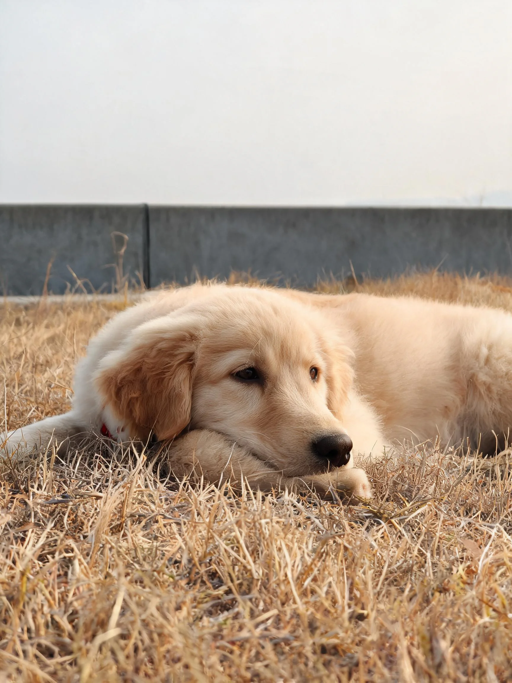 金毛幼犬趴卧在干燥草地上，金黄色蓬松被毛与枯黄草茎形成对比，鼻尖湿润贴在草丛间。