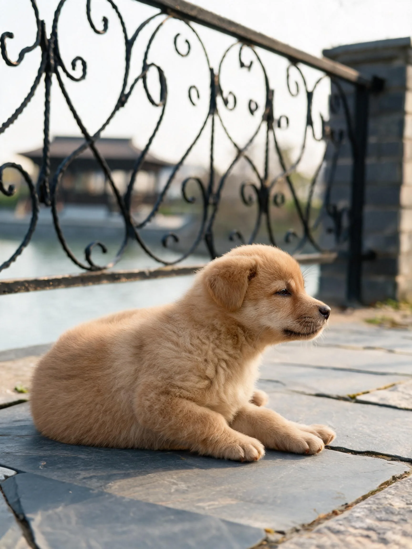 浅棕色幼犬安静趴卧,毛发柔软蓬松,周围有装饰性铁艺栏杆。