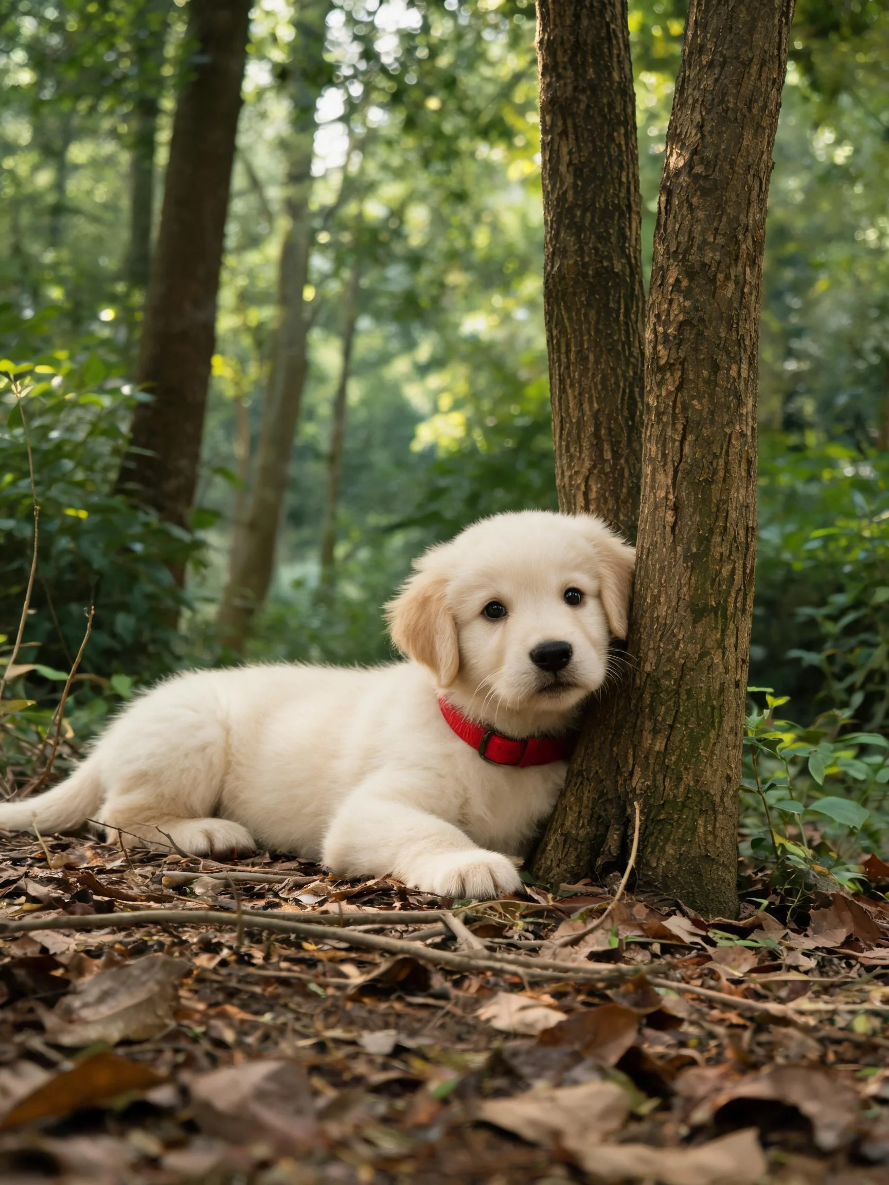 一只金毛幼犬将头轻靠在树干上,蓬松的白色被毛与粗糙树皮形成鲜明对比。